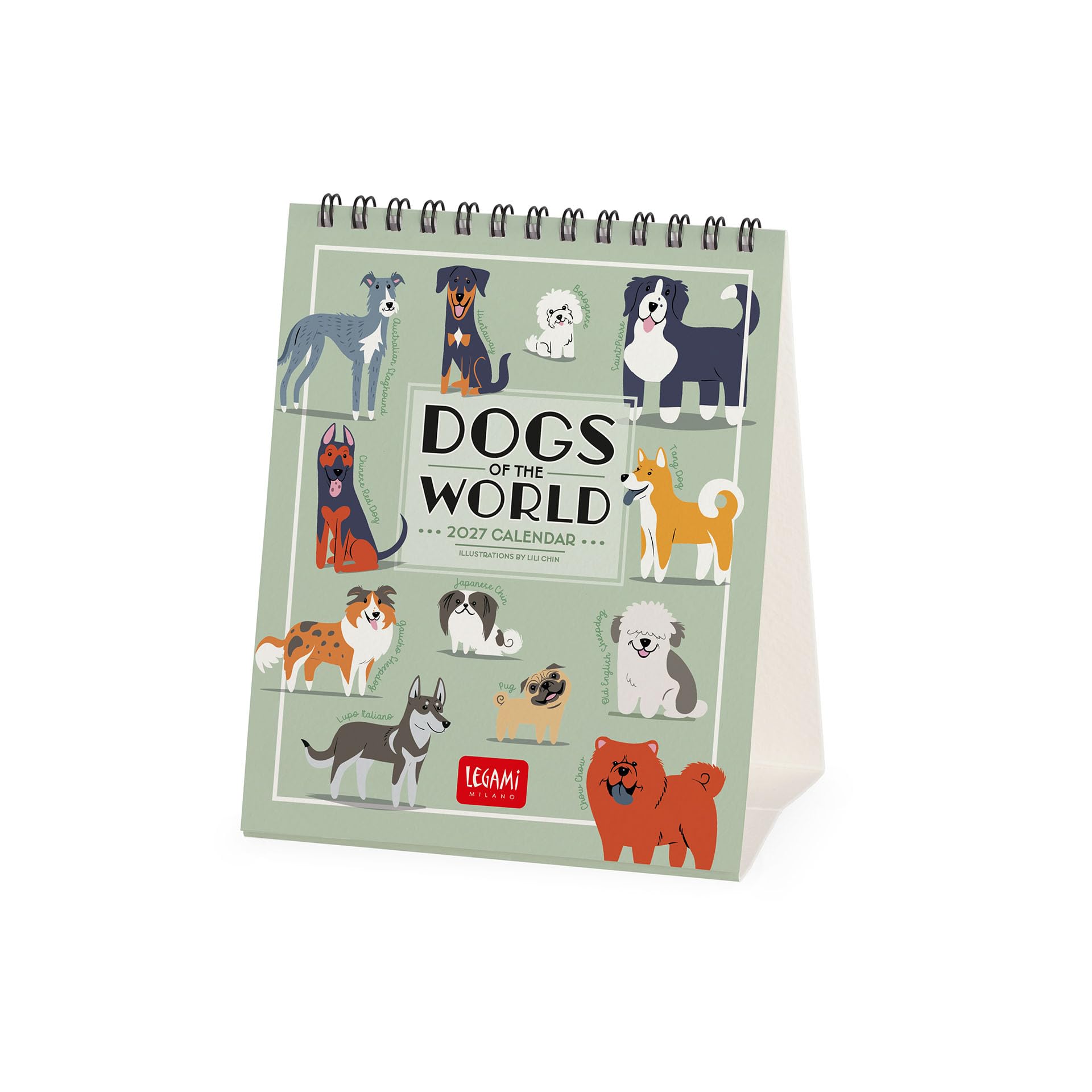 Legami - 2027 Desk Calendar, Dogs Desk Calendar, 12 Months and Yearly Planner, in English, Zodiac Signs, International Holidays, 12 x 14.5 cm