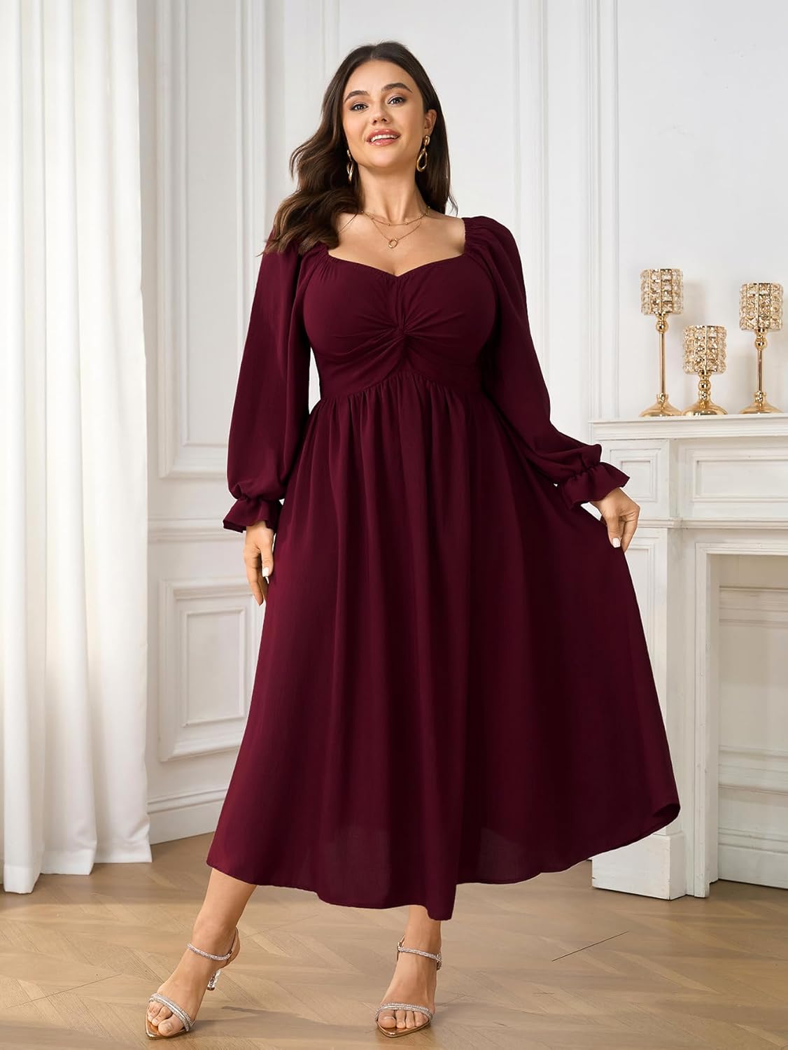 SCOMCHIC Women's Plus Size Wedding Guest Cocktail Dresses Fall Sweetheart Neckline Long Sleeve A Line Formal Maxi Dress - Image 2