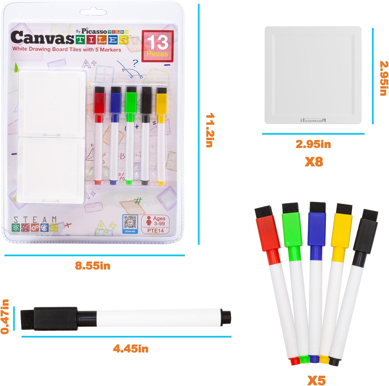 Canvas Tiles Whiteboard with 8 Magnetic Building Tiles & 5 Marker Pens Expansion Construction Blocks STEAM Learning Kits Educational Toy Set Preschool Toddler Child Kids Ages 3+ PicassoTiles