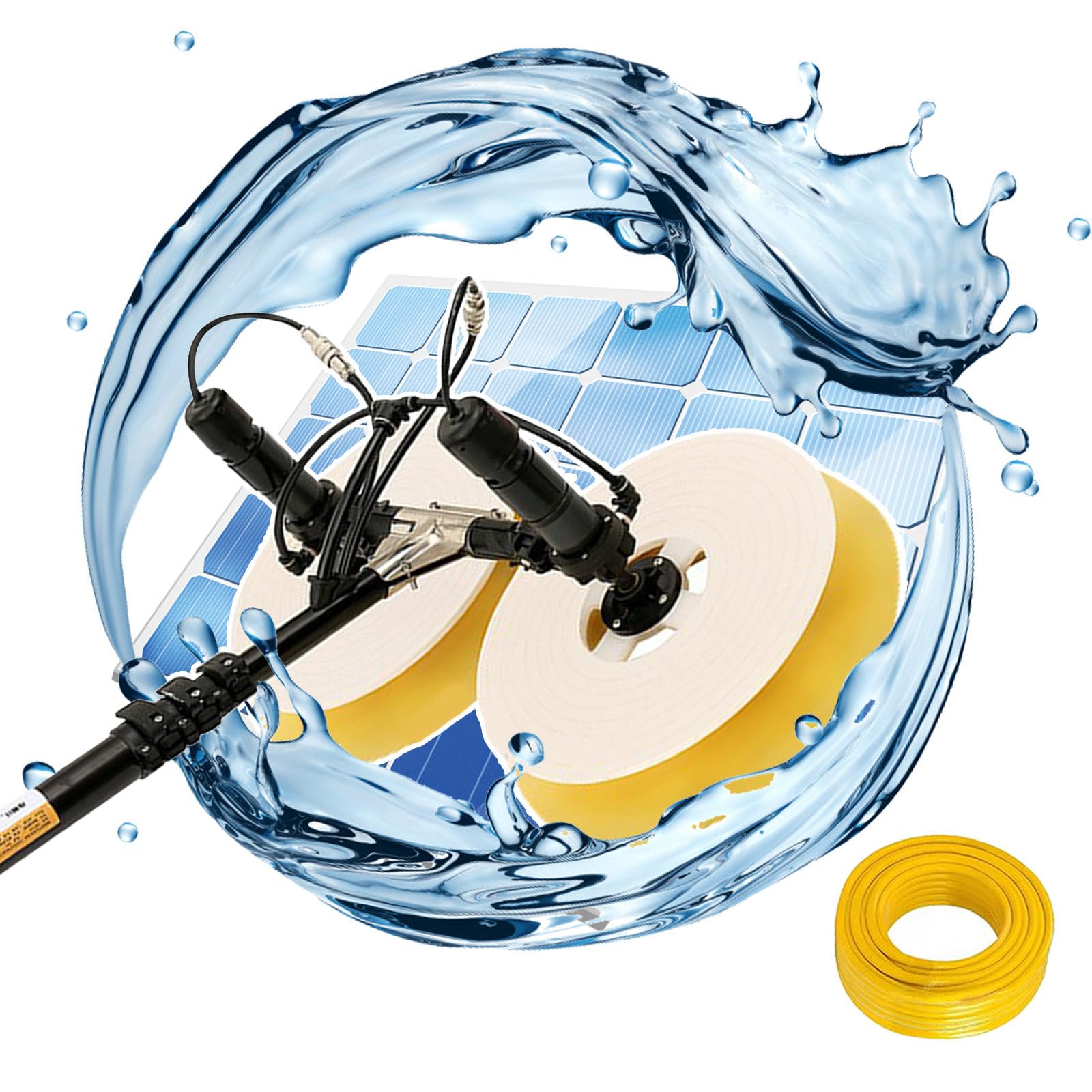 AYCDL Double Head Solar Panel Cleaning Brush Kit - 65cm Rotating Brush + 7.5m Telescopic Pole, Water Fed Cleaning System with 20m & 9m Hose for Efficient Photovoltaic