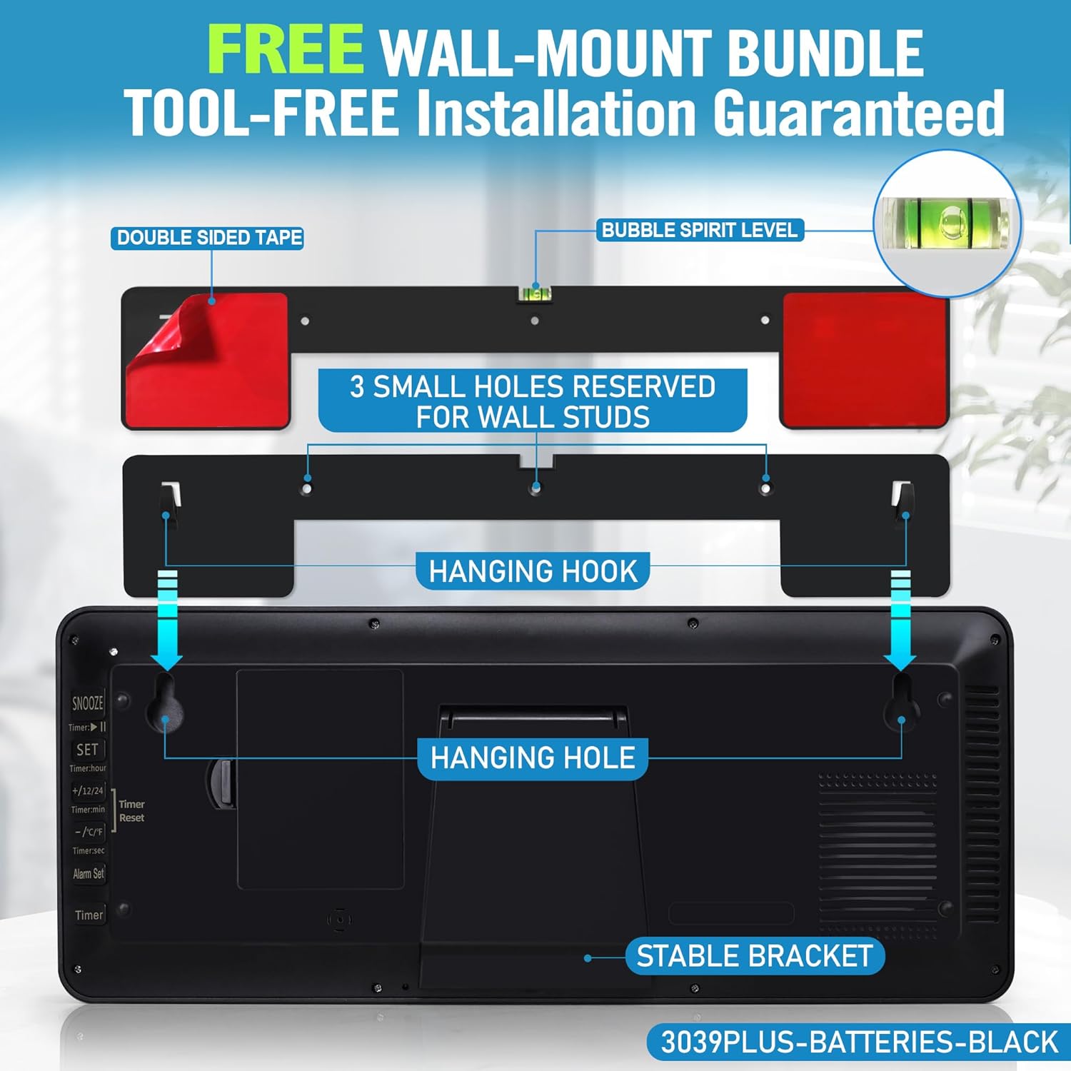 Diagram showing wall mounting process with template and hanging holes