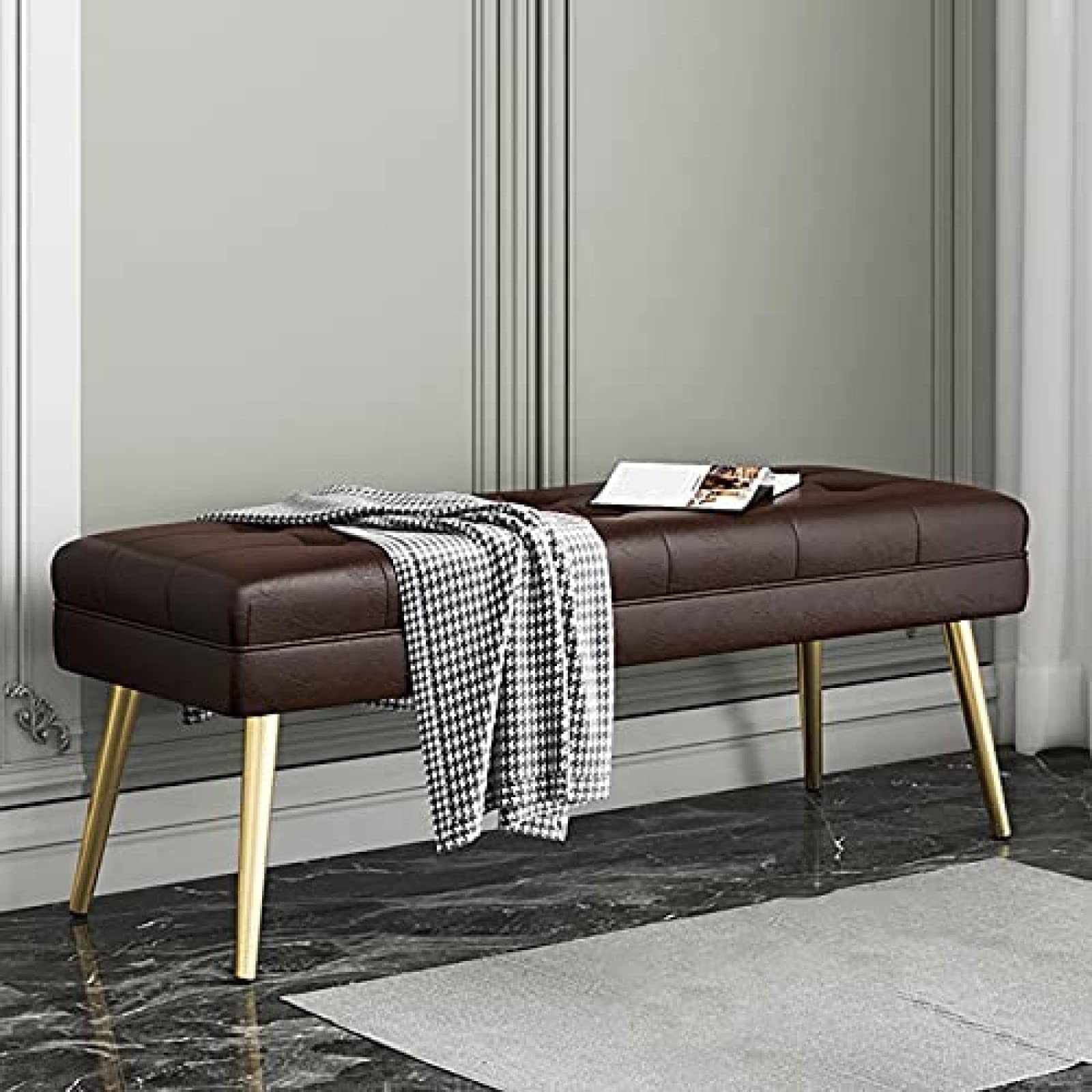 Banc rembourré en similicuir marron 60x40x47 cm avec pieds en métal