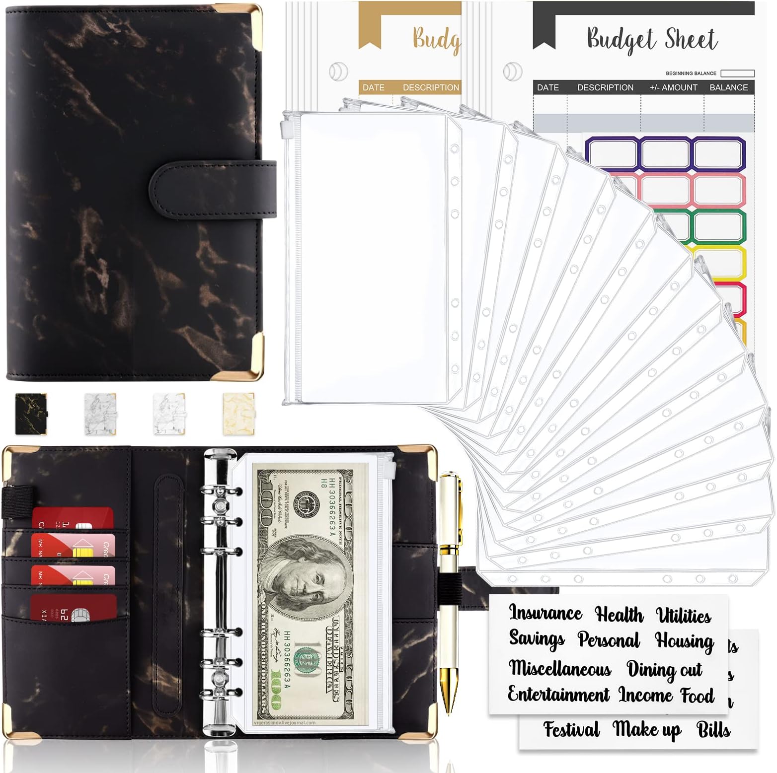 Budget Binder, Cash Envelopes for Budgeting, Money Organizer for Cash, 28Pcs Budget Binder with Cash Envelopes, Marble 6-Ring Money Saving Binder(Black)