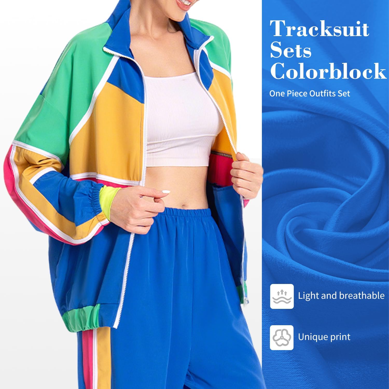 Womens 80s Tracksuit Outfits Sets Colorblock 2 Piece Windbreaker Set image 3