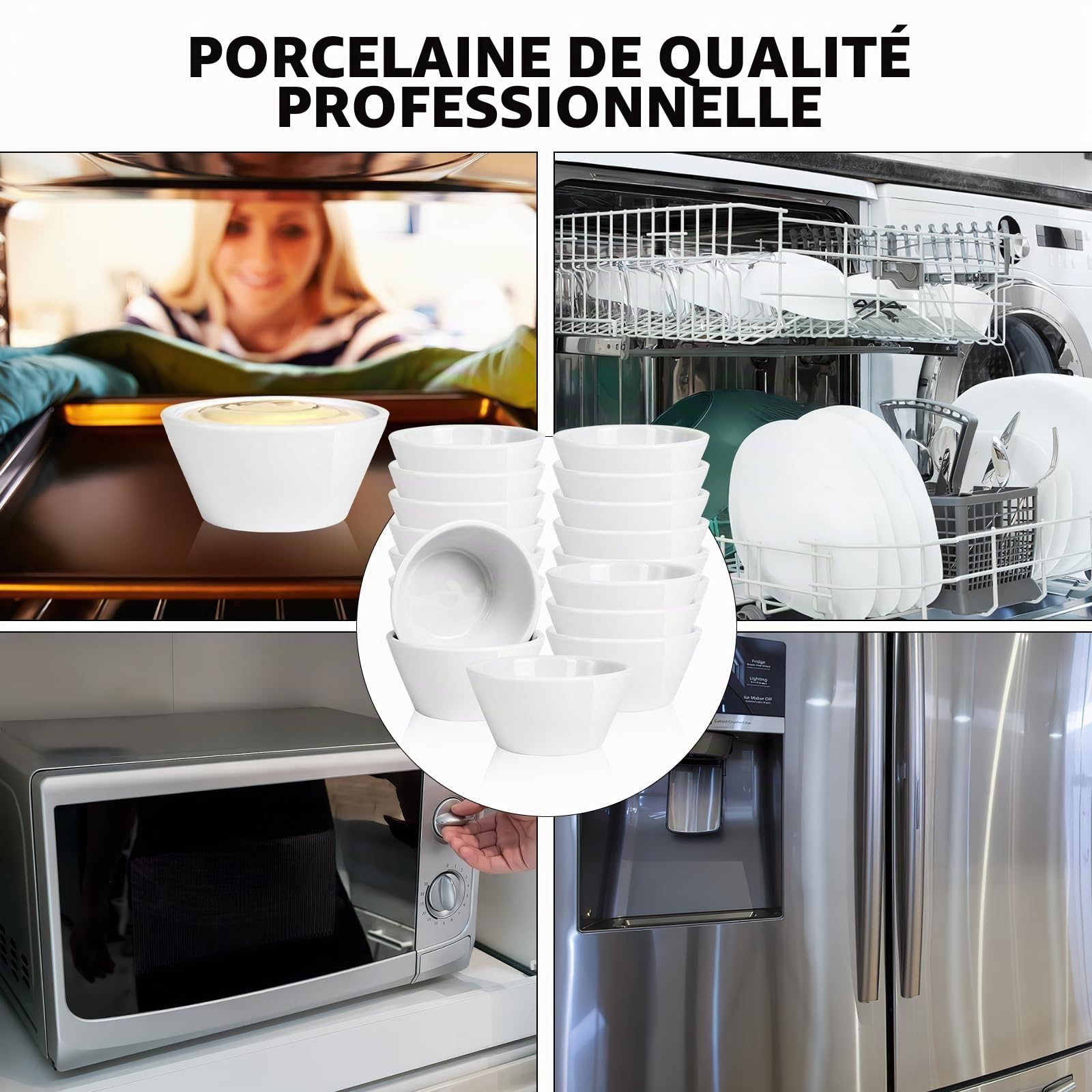 Lot de 18 Ramequins en Porcelaine Blanche 240 ml, Petits Bols à Dessert, Coupelles pour Glace, Sauce, Apéritif, Snacks et Fruits, Empilables, Compatibles Micro-ondes, Four et Lave-vaisselle