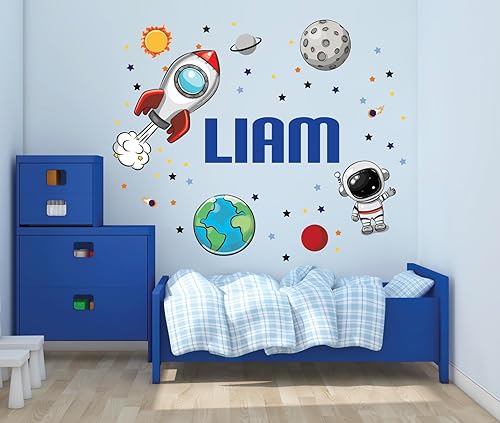 Miniatura 4 de Calcomanía de pared personalizada con nombre del espacio para habitación de los niños, decoración de pared de astronauta, guardería, sistema solar,