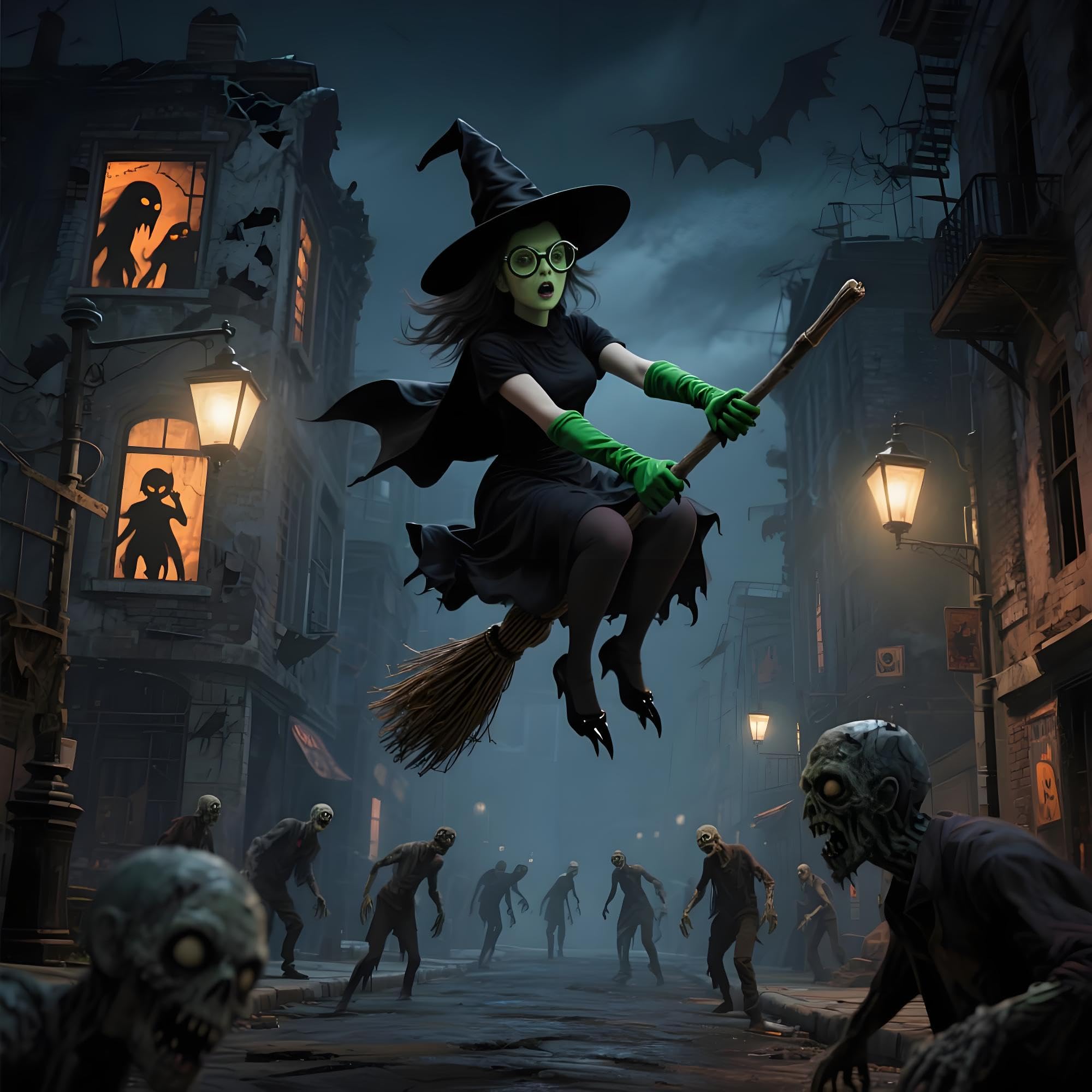 Halloween Witch Costume Set – Witch Hat, Green Claw Gloves, Glasses – 4-Piece Cosplay Kit for Halloween, Parties, and Themed Events