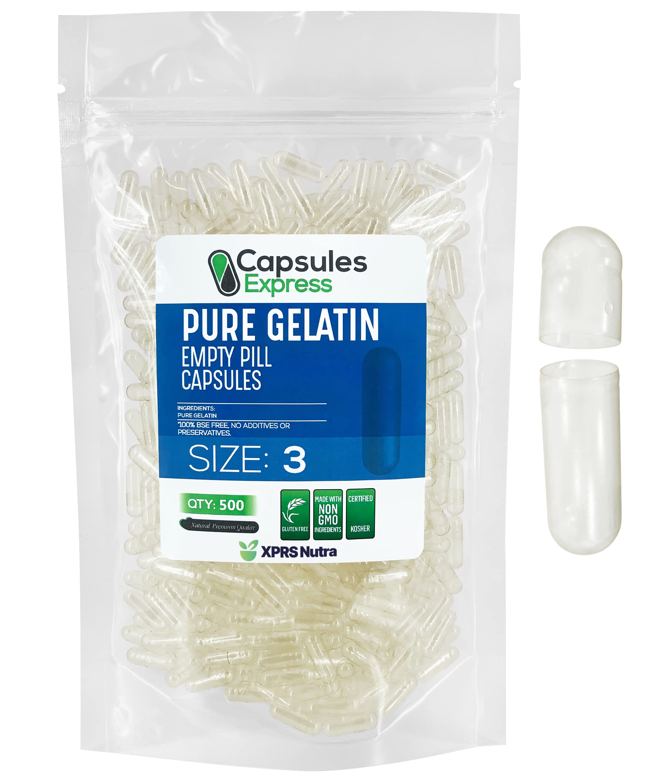 XPRS NutraGelatin Size 3 Separated Capsules - 500 Count Clear Empty Capsules Separated in Bags - Size 3 Gelatin Pills Fillable Gel Caps for Do-It-Yourself Supplement Filling
