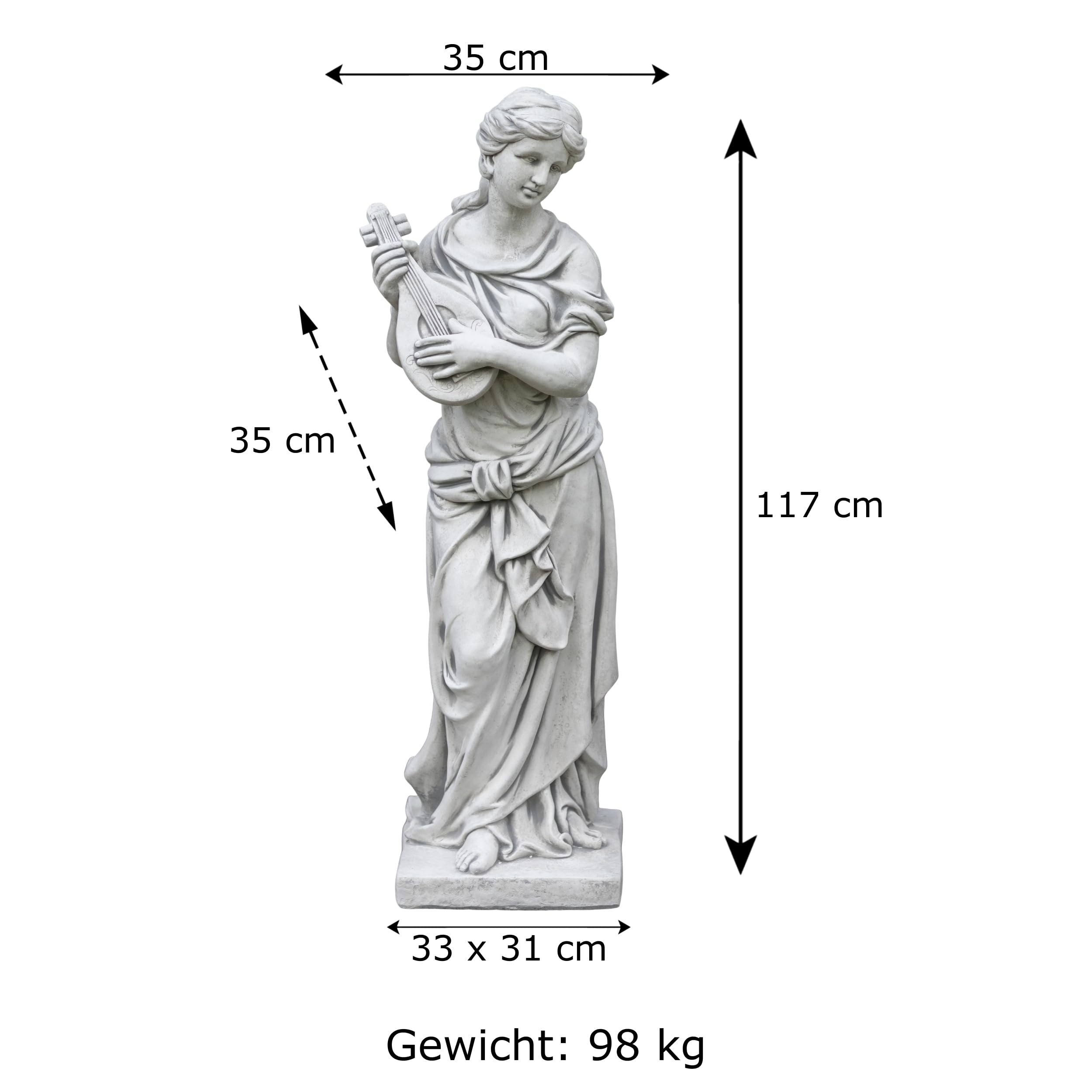 gartendekoparadies.de Statue der Euterpe mit Mandoline, Steinfigur, H. 117 cm, 98 kg, Grau, frostsicher aus Steinguss für Außenbereich