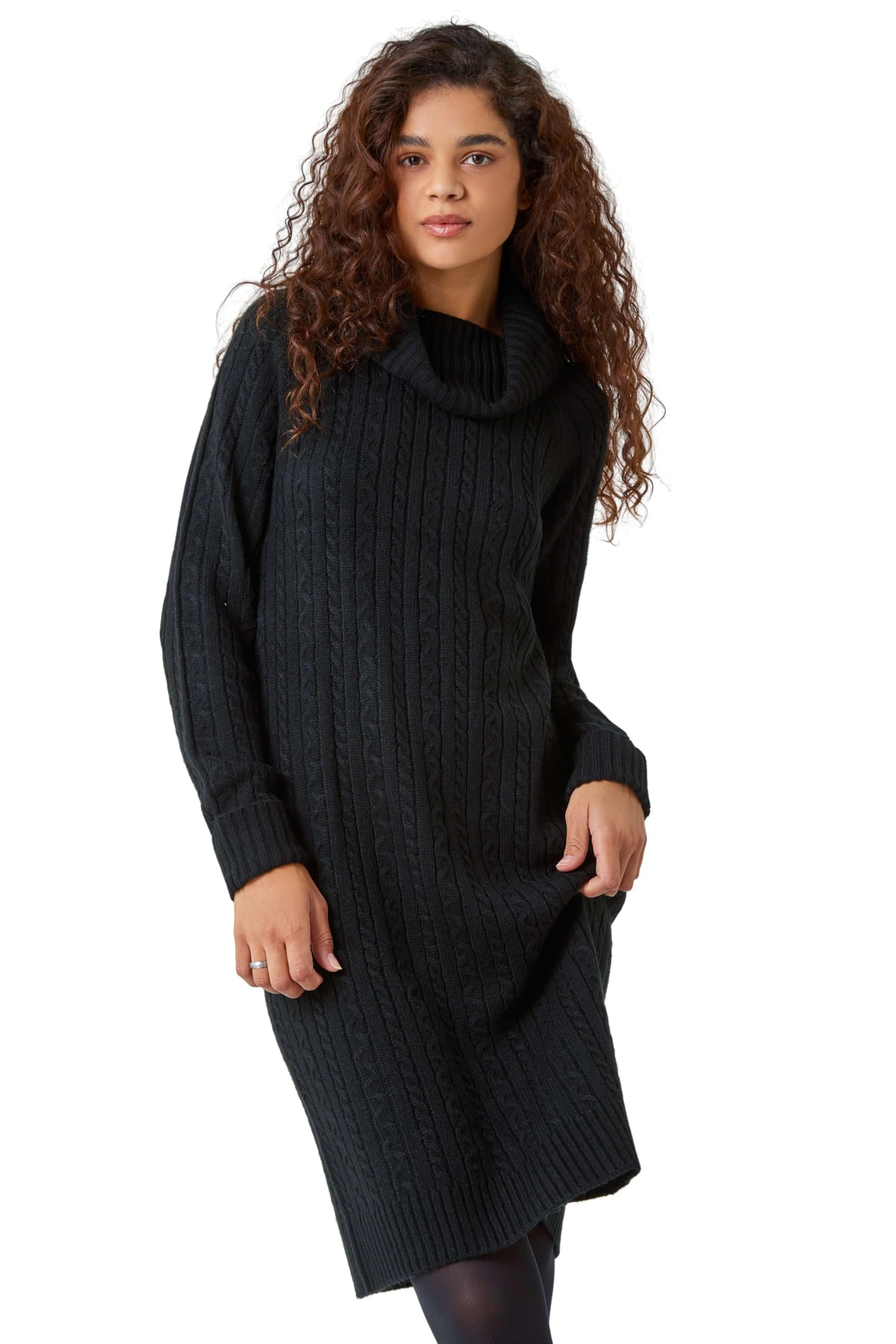Roman Roll Neck Knitted Jumper Dress for Women UK - Ladies Autumn Everyday Winter Holiday Cowl Neckline Comfy Long Sleeve Soft Rib Detail Frock Desk to Dinner Gowns - Black - Size 18