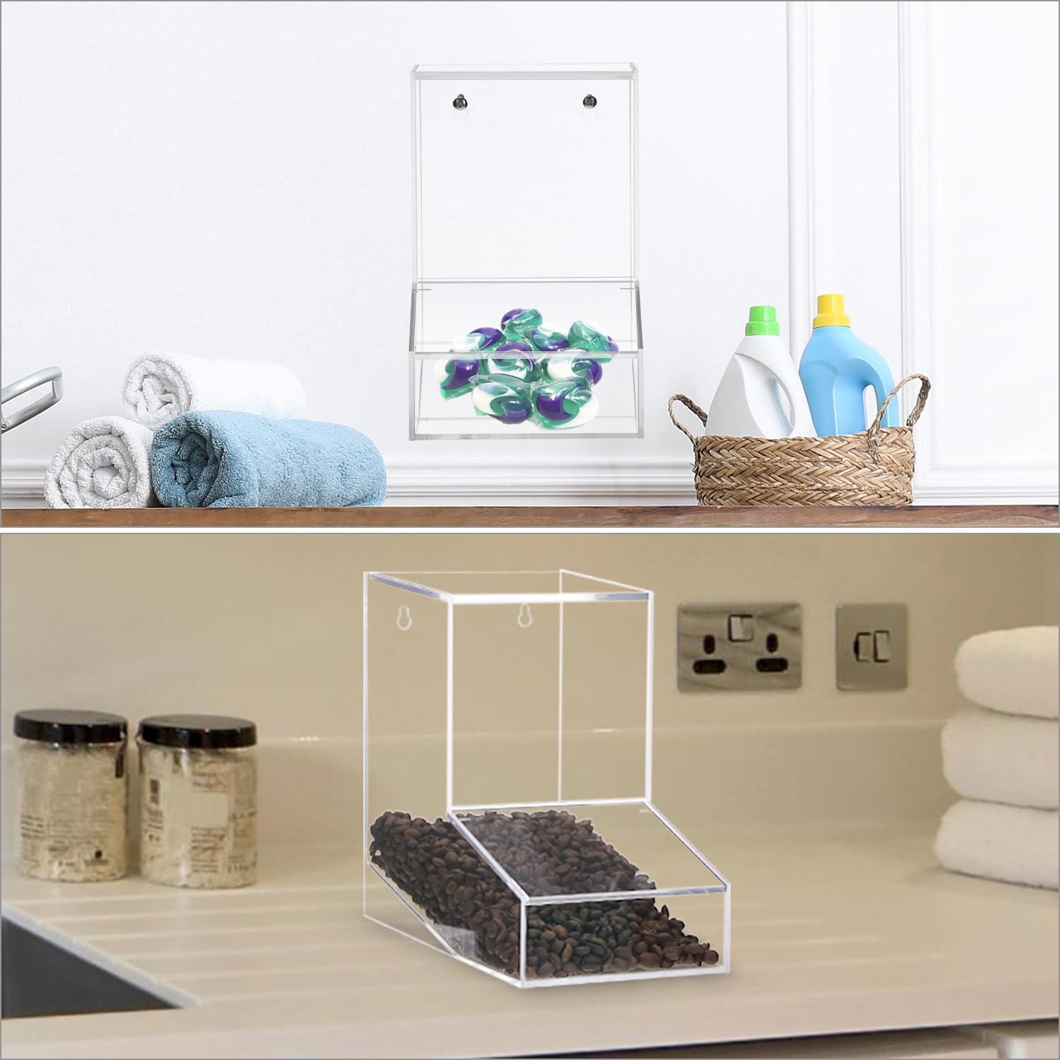 QWORK Acrylic Laundry Detergent Pods Container, Clear Candy Dispenser with Dual Lid, Holds 80 Pods