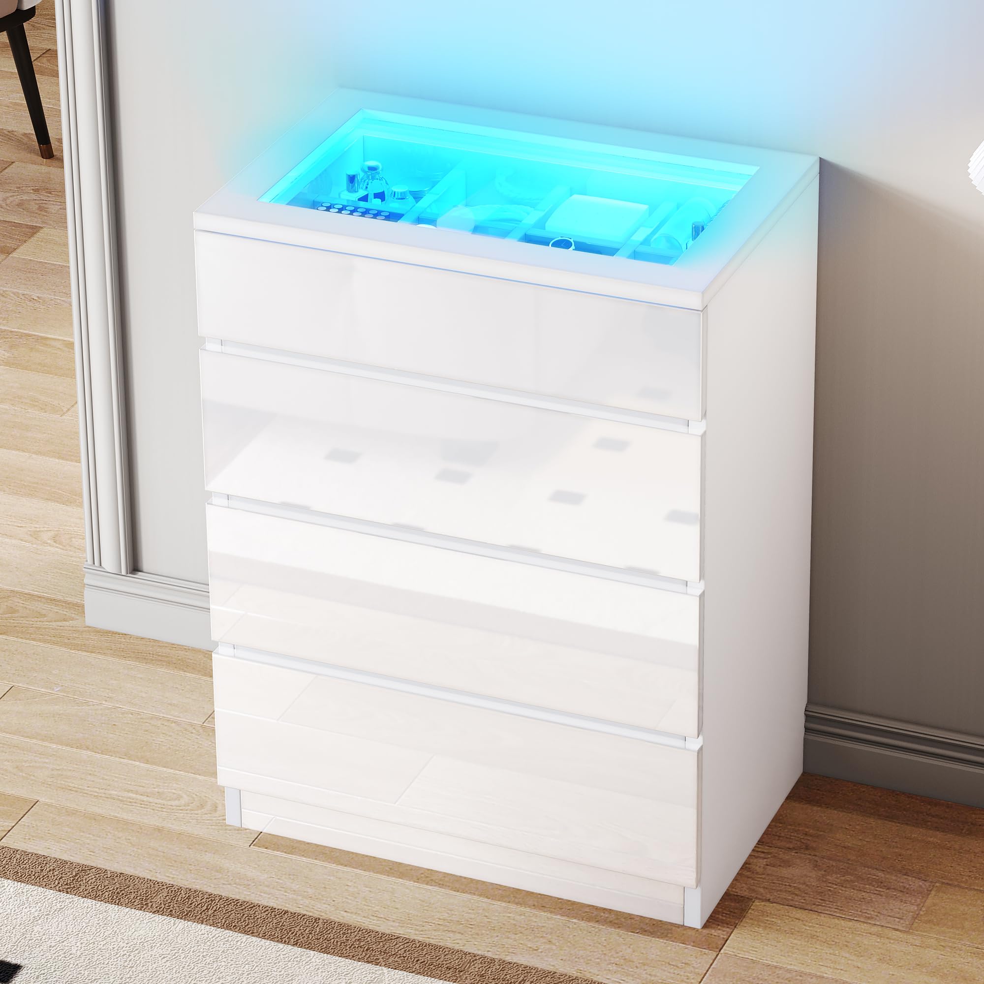 Cassettiera YITAHOME A 4 Cassetti Bianca - 92x33x60 Cm, Stile Moderno, Frontali Lucidi, Senza Maniglie