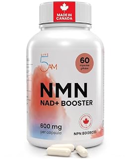 Live 5AM NMN 600mg, 99% Pure Nicotinamide Mononucleotide, 60 Capsules | NAD+ precursor. Third-party tested, vegan, single ingredient. Helps in energy metabolism. Made in Canada - Amazon product rated Grade A