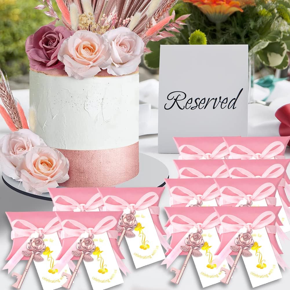 Evanto 50 Set Rose Key Bottle Openers with Candy Box In Antique Vintage Style Thank you Tags and Ribbons As A Gift Souvenir for Guests At Wedding Party Supplies (Rose Gold)