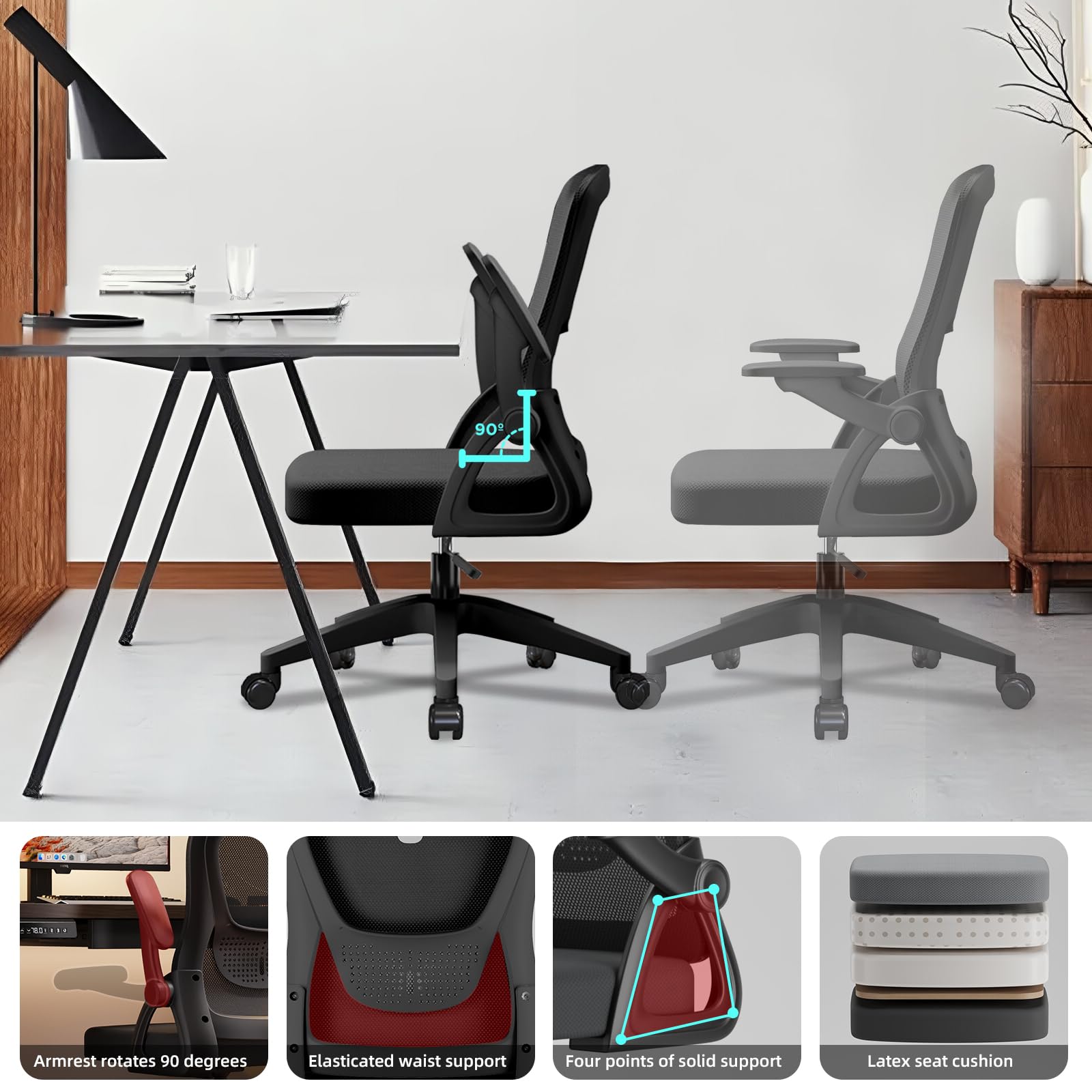 Silla de Oficina con Brazos Abatibles 90°, Malla Transpirable, Altura Regulable, Soporte Lumbar