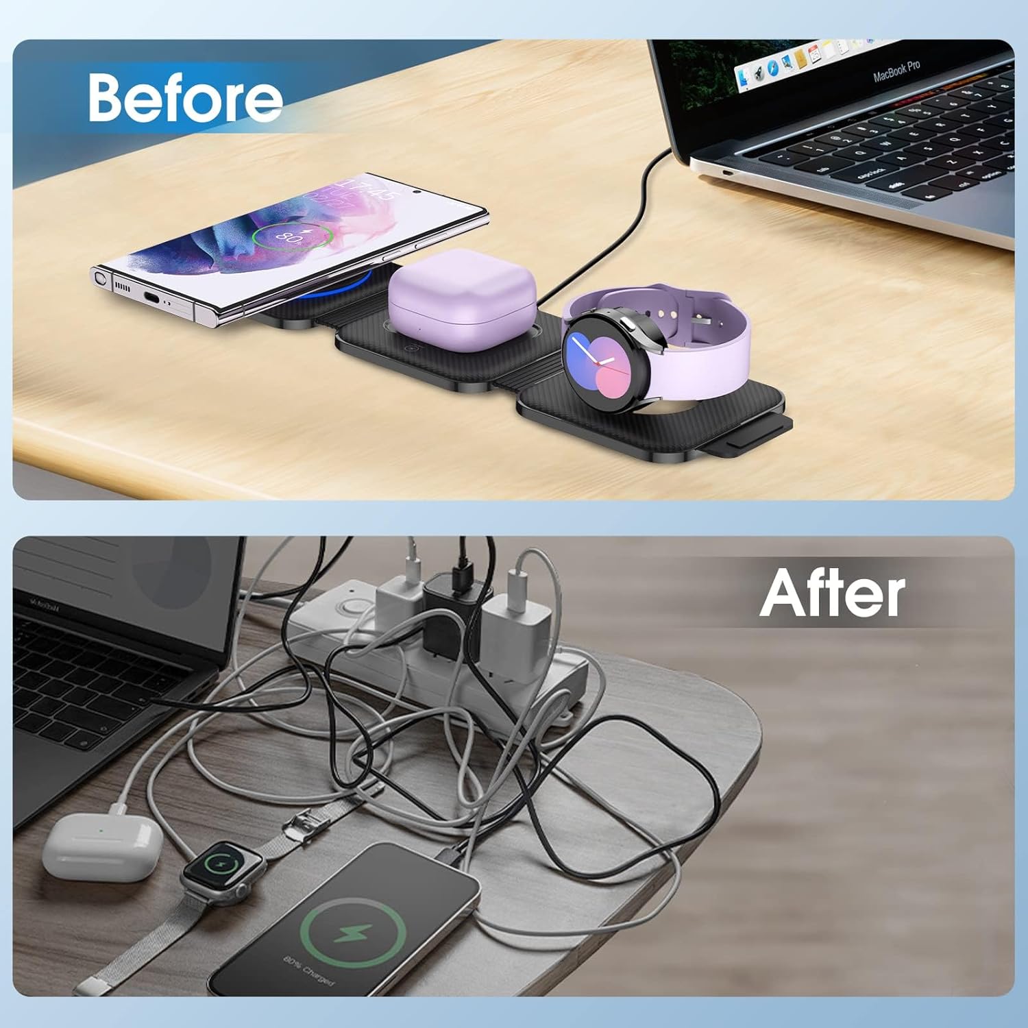 Pocket Wireless Charger for Samsung Android Phone, Foldable Travel Wireless Charging Station/Stand Compatible for Samsung S25 Ultra/S24/Z Flip 6/5,Watch Charger for Watch 8/7/Buds Pro3/2(Balck - Image 8