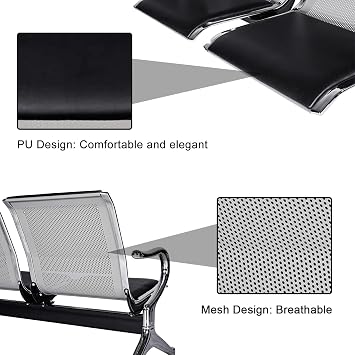 Office Waiting Room Chairs 3-Seat with Black Leather Reception Chairs 3-Seat Visitor Guest Sofa for Airport Market Bank Salon