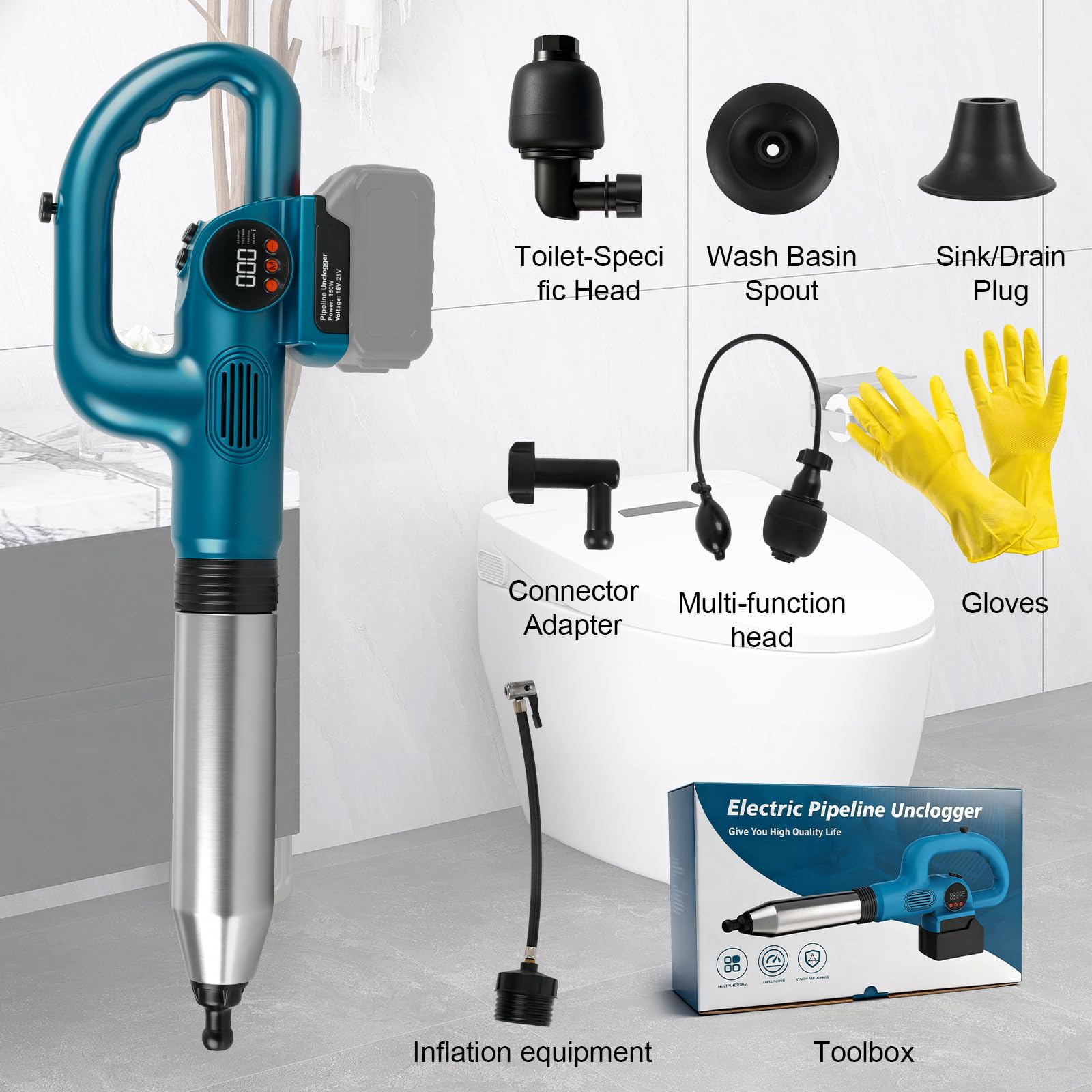 Kabelloser Abflussreiniger für Makita 18V-Akku (ohne Batterie) | 120W Akku-Rohrreiniger, mit 4 Aufsätzen, Druckanzeige, max. Druck 8 bar, für Toiletten, Waschbecken, Badewannen