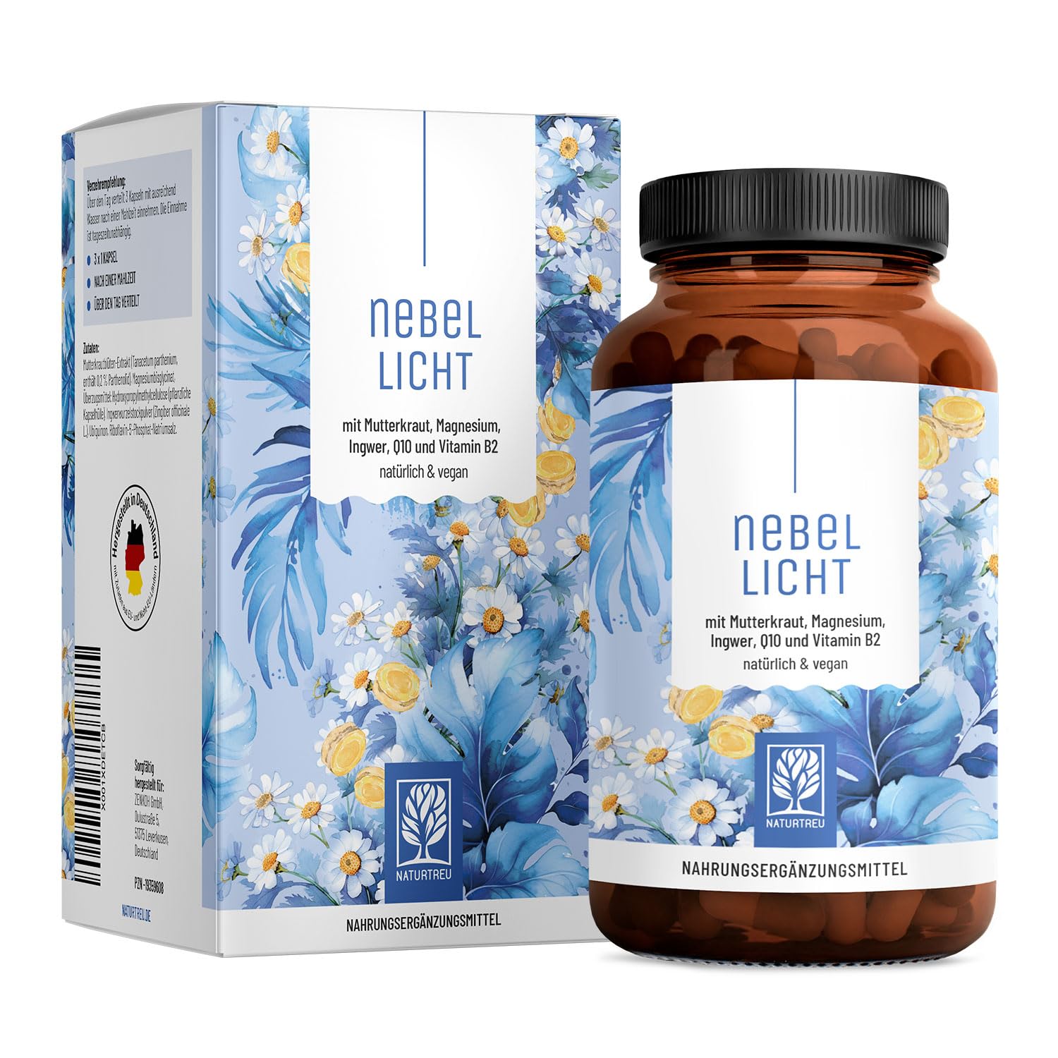 NATURTREU® Nebellicht - Mutterkraut Komplex hochdosiert 1260 mg pro Tag - Komplex mit Ingwer, Magnesium, Coenzym Q10 & Vitamin B2 - natürlich und vegan
