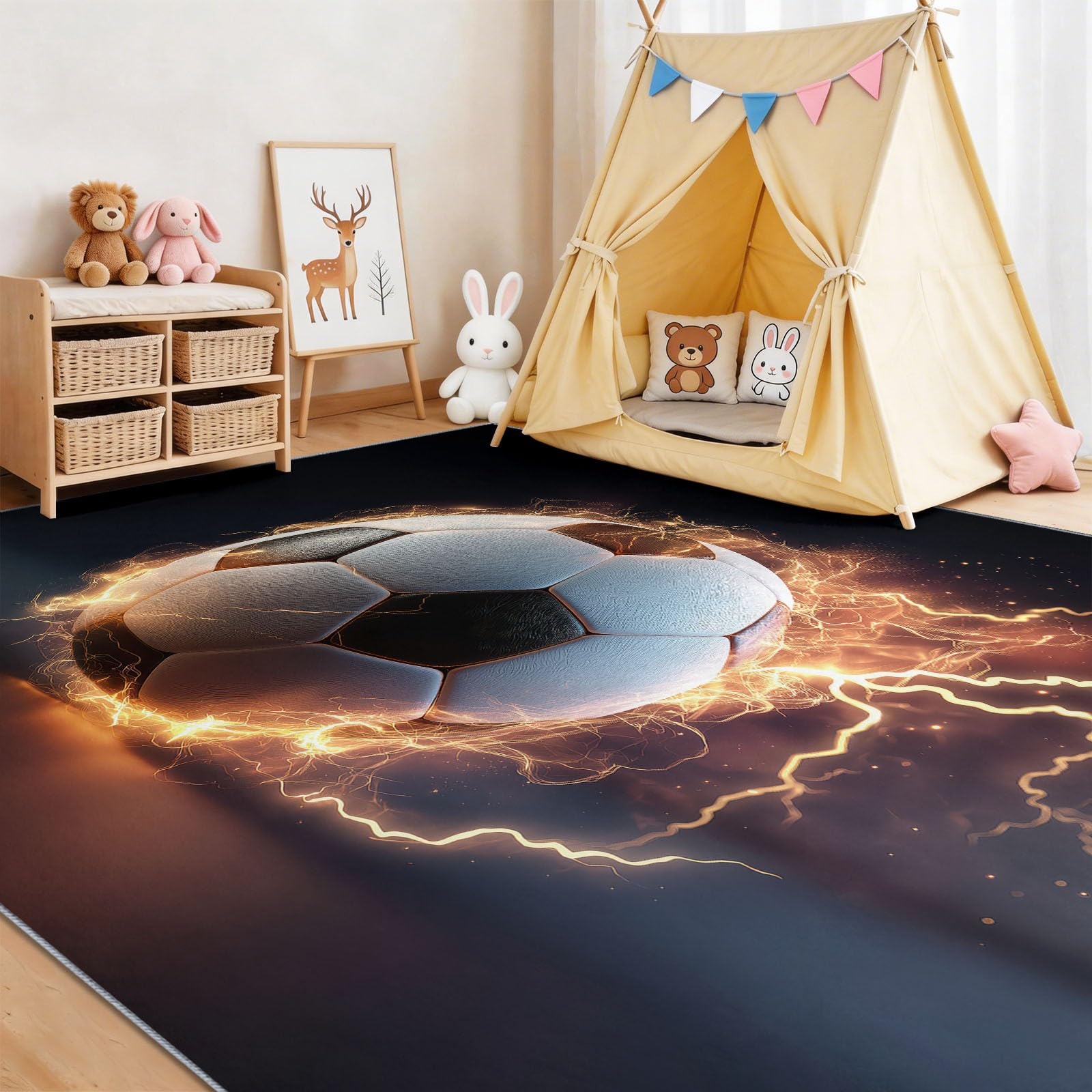Tappeto antiscivolo per soggiorno, 120 x 180 cm, tappeto a pelo basso, lavabile in lavatrice, con motivo stampato campo di calcio effetto 3D, per cameretta, cameretta dei bambini, sala giochi, nero