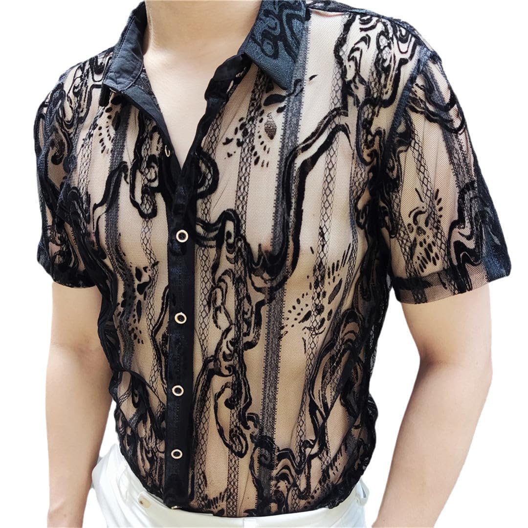 Yeuyyben Camicia Trasparente A Fiori in Pizzo Camicia Estiva A Maniche Corte See Through Button Up Camicia Nera Floreale da Uomo