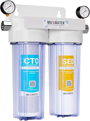 Max Water 2 etapas (sedimento, olor y mejora el sabor) para toda la casa de 10 pulgadas, sistema de filtración de agua estándar con manómetro -