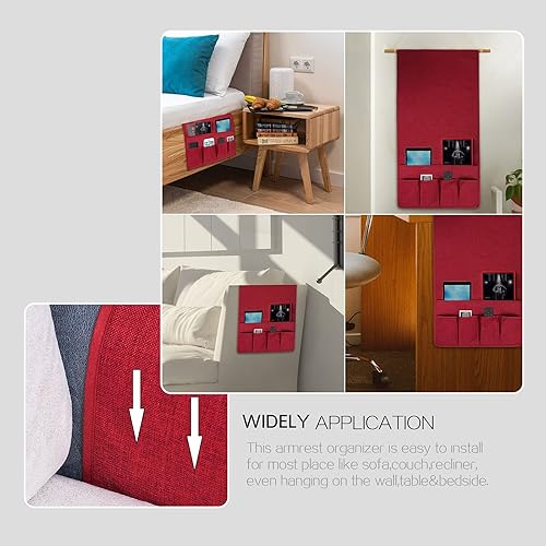 Miniatura 7 de NICEEC Organizador de reposabrazos de sofá lateral de lino antideslizante para sofá, sillón reclinable, organizador de control remoto, sillón con 6