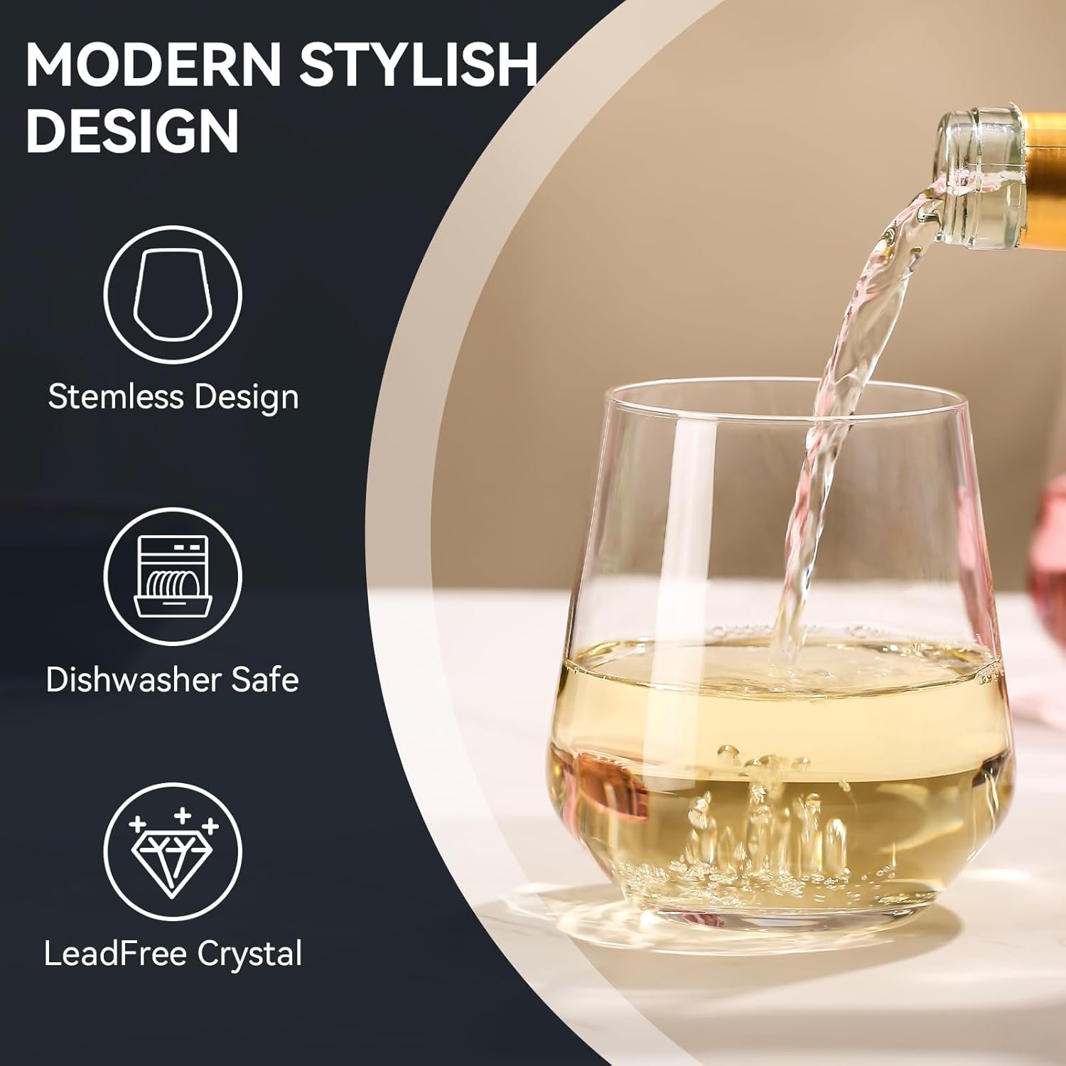 Physkoa Stemless Wine Glasses Set of 6 – 18oz Modern Crystal Glass, Lightweight & Dishwasher Safe | Red & White Wine Glasses for Daily Use, Parties, Housewarming or Birthday Gift - Image 4