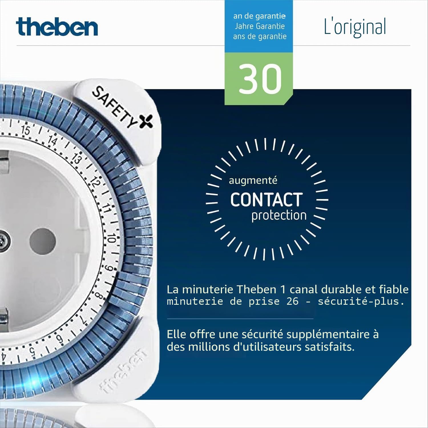 Theben 0260833 Safety-Plus - Minuteur analogique - Prise de courant analogique - Minuterie analogique - Avec programme quotidien - Protection de contact accrue - 230 V CA