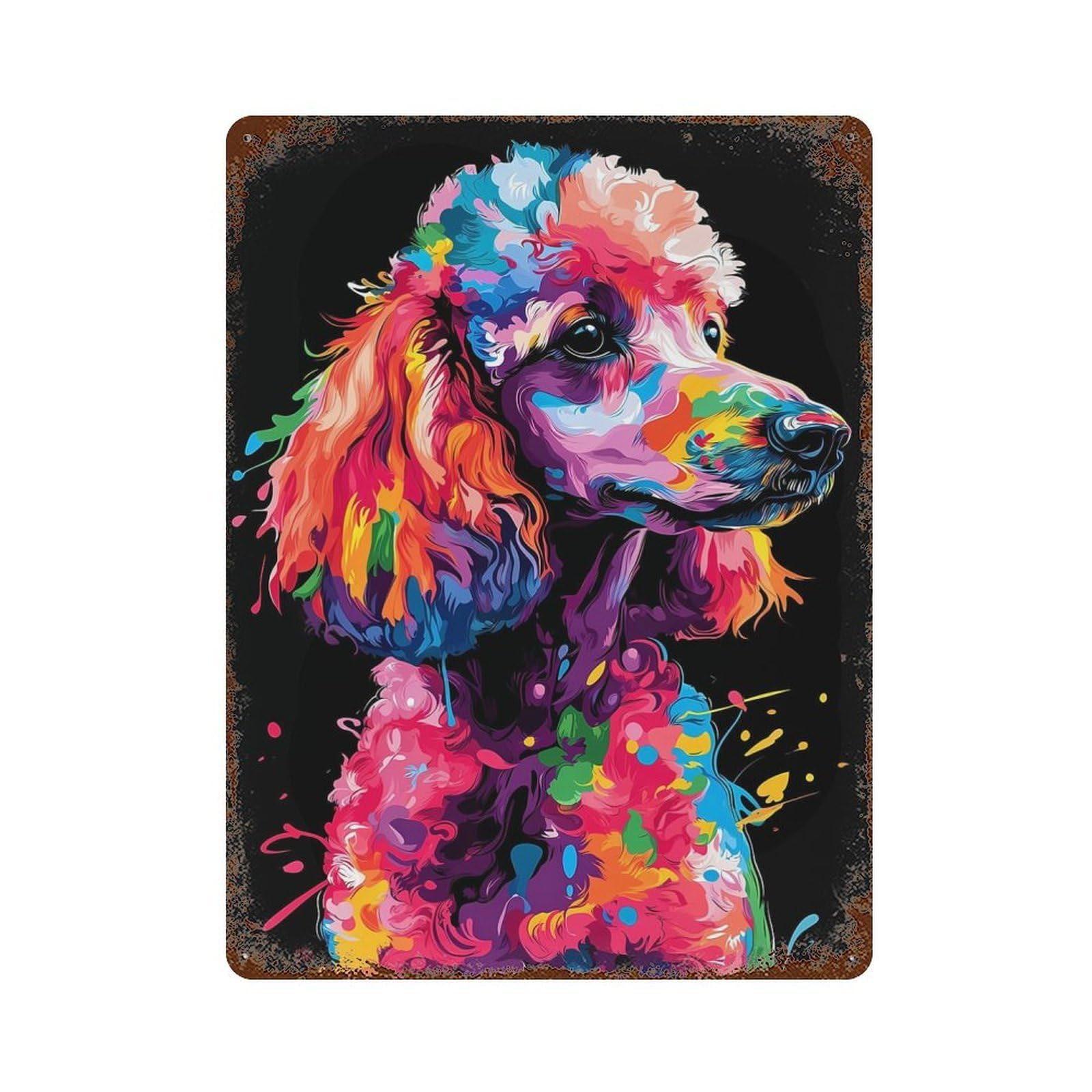 Colorful Poodle Art Rust Effect Tin Sign 15.7"x11.8", Ideal for Farmhouse, Kitchen And Entryway Decor