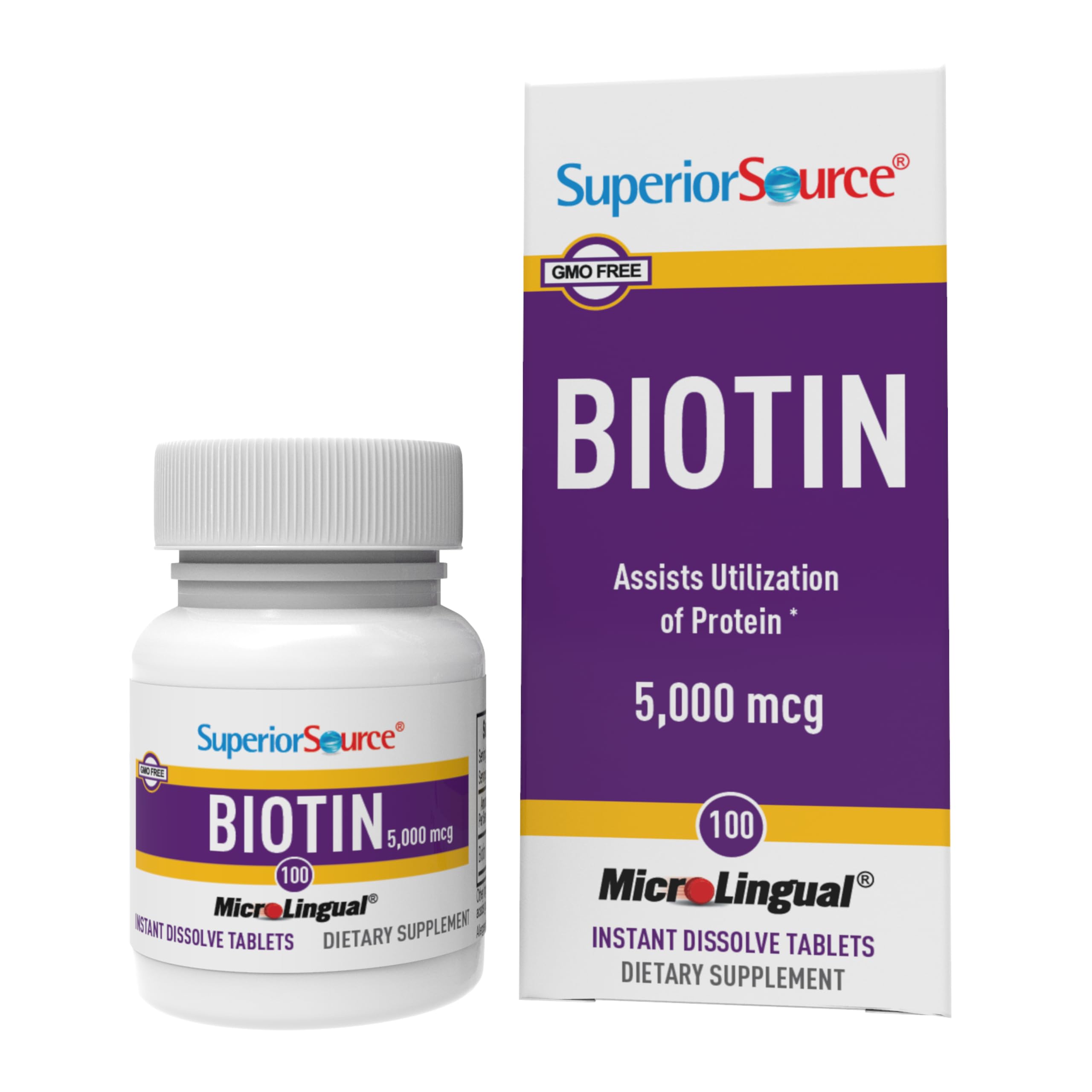 Superior SourceBiotin 5000 mcg. Under The Tongue Quick Dissolve MicroLingual Tablets, 100 Count, Supports Healthy Hair, Skin, and Nail Growth, Helps Support Energy Metabolism, Non-GMO