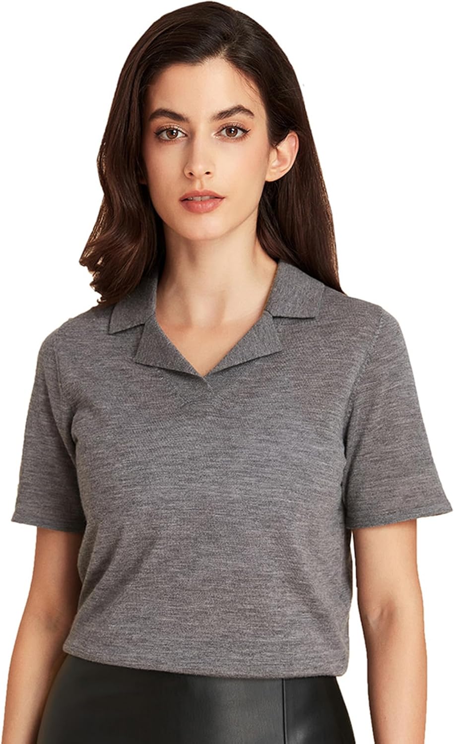 GreenMount Women's Cashmere Wool Lapel Neck T-Shirt Comfortable Top Short Sleeve in Summer