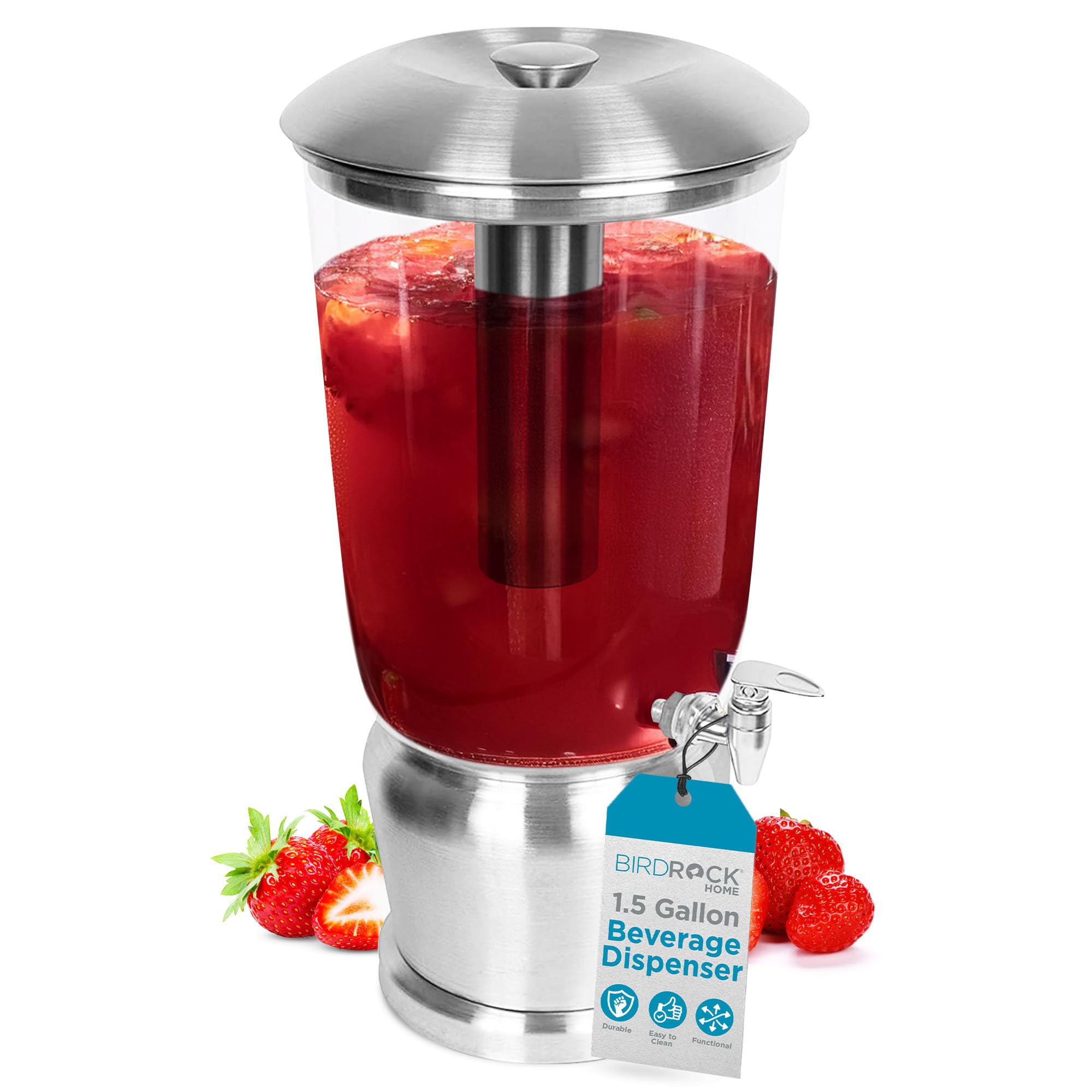 BirdRock Home 1.5 Gallon Stainless Steel Beverage Dispenser with Ice Container, Stand & Spigot - Round - BPA Free Clear Tritan Plastic