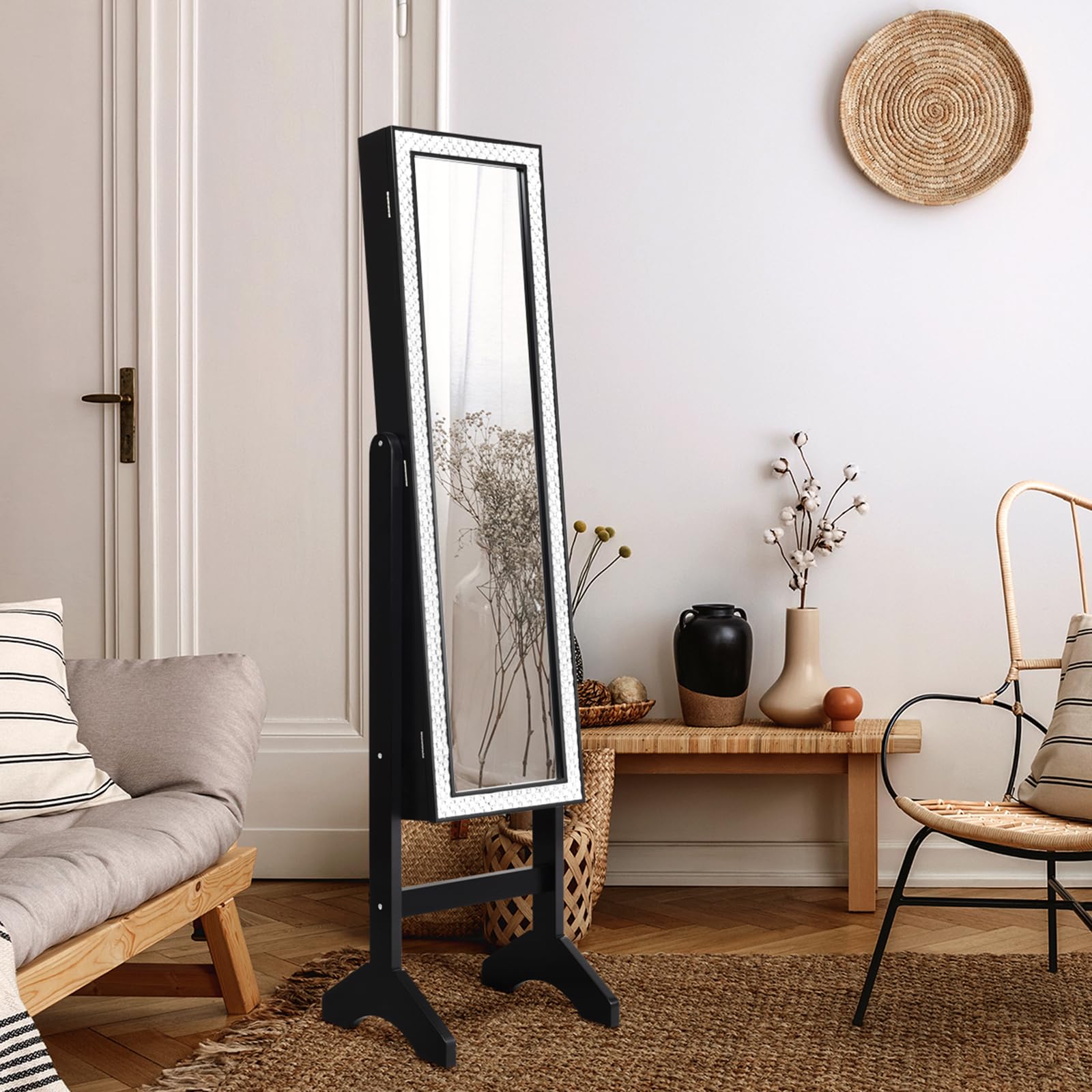COSTWAY Armadio per Gioielli, Armadietto Portagioie con Specchio a Figura Intera, Organizer Spazioso per Gioielli, per Camera da Letto e Salotto, 35,5 x 33 x 153 cm (Nero)