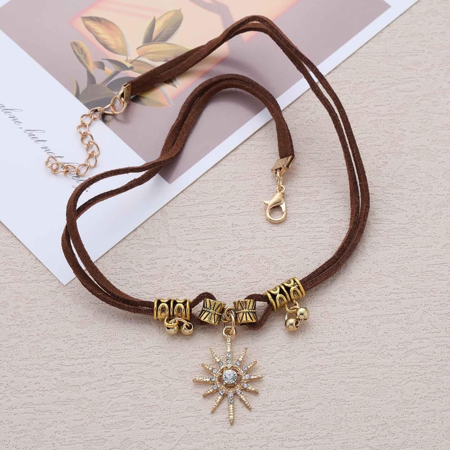 Bohemian Crystal Starburst Choker Necklace Gold Cz Star Pendant Necklaces Brown Leather Suede Cord Chain Necklaces Rhinestone Sunburst Suede Collar Necklace Jewelry for Women - Image 5