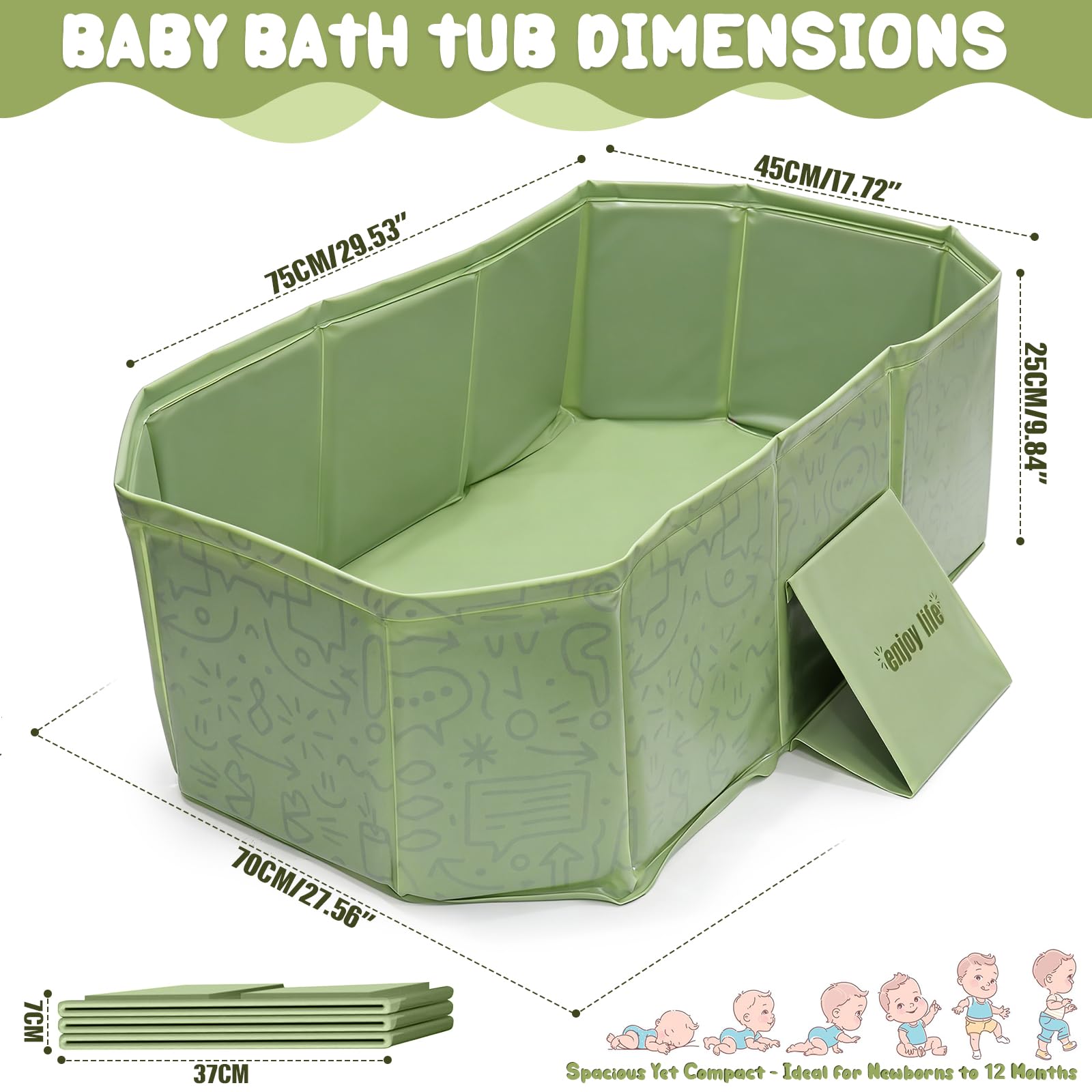 Vasca da bagno pieghevole per bambini, 75 cm, portatile, per neonati e bambini, antiscivolo, salvaspazio, pieghevole, con tappo di scarico, senza BPA, verde menta