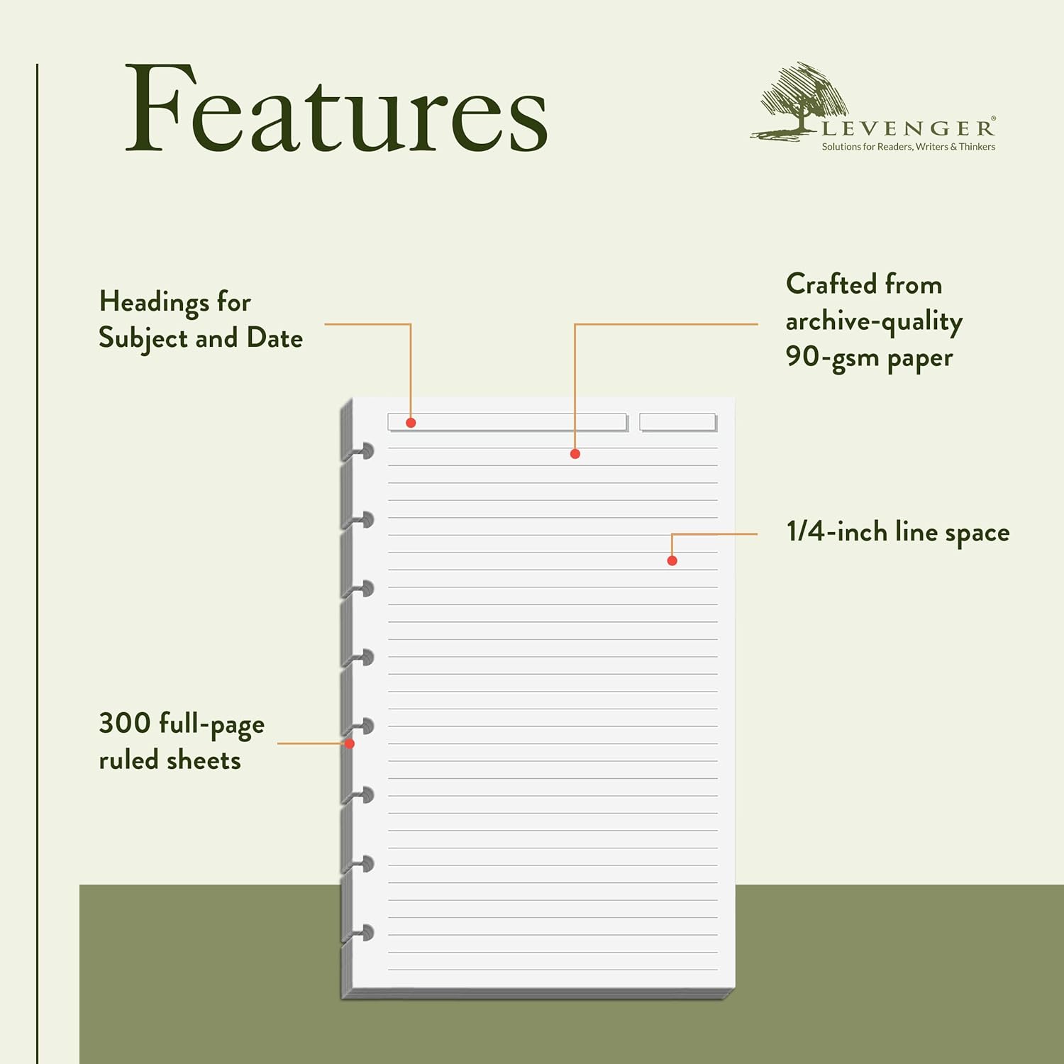 Levenger Circa Full-Page 1/4 Inch Ruled Discbound Paper Refill, Disc Notebook and Planner Inserts, 300 sheets, Junior