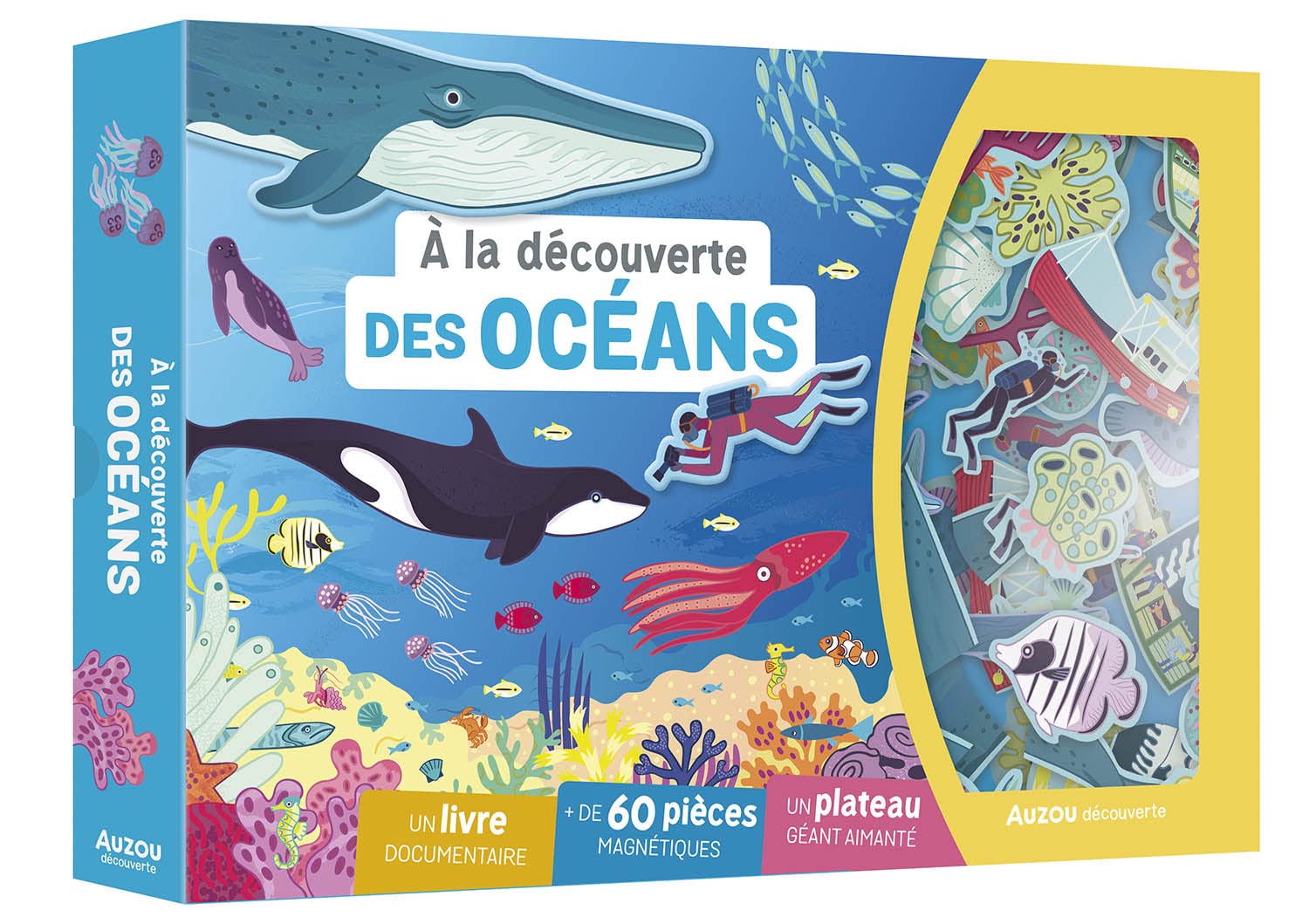 A LA DECOUVERTE DES OCEANS: Un livre documentaire, + de 60 pièces magnétiques, un plateau géant aimanté