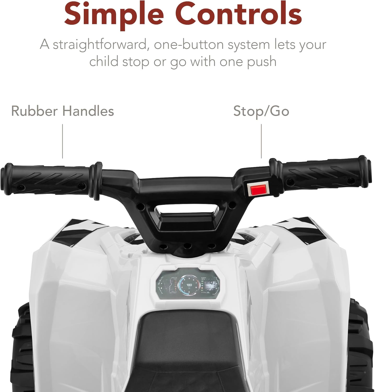 Graphic showing a child riding the ATV on a dirt path, highlighting the large treaded wheels.