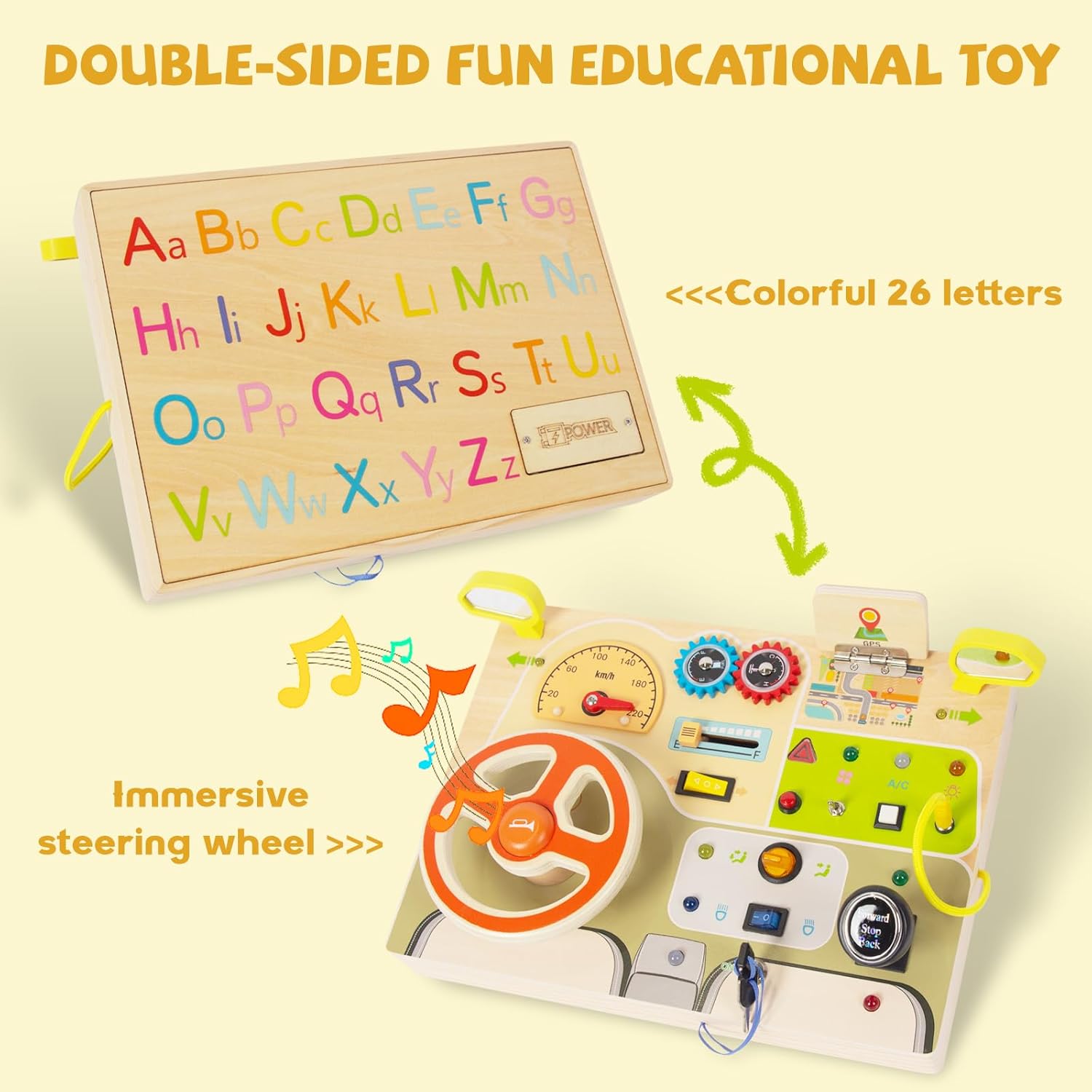 Montessori Busy Board for Toddlers Baby Busy Board Car Steering Wheel Wooden Sensory Board Travel Toys for Fine Motor Skill Gift for 3+ Years Old Boys Girls Christmas Birthday Parents
