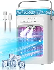 Portable Air Conditioner, Evaporative Mini Portable AC Unit with 3 Speeds & 2 Mist, 120° Oscillating, 7 Color Lights 2-4H Timer, Small Cooling Fan for Bedroom, Office, Home, Camping