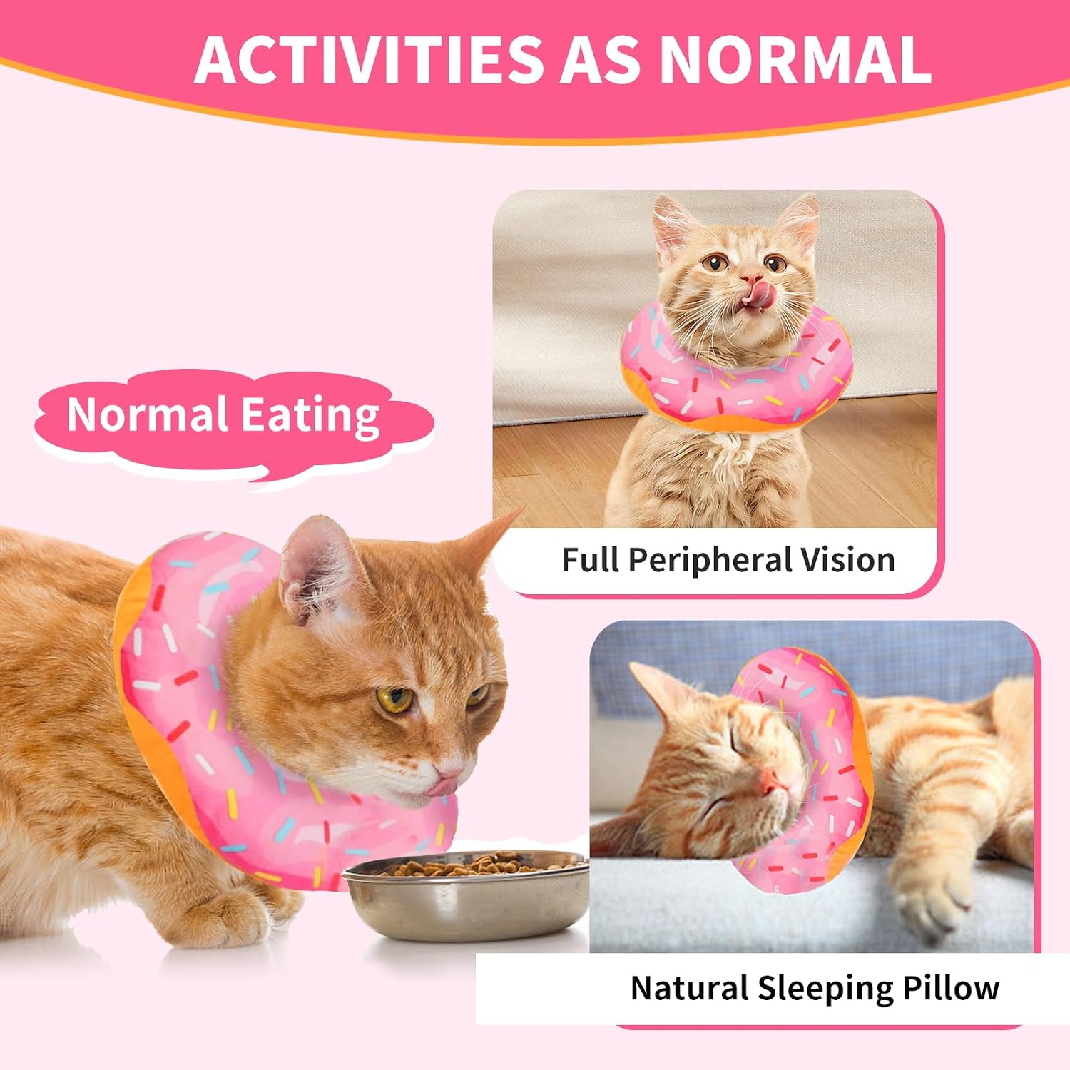 Cat Recovery Collar Soft & Adjustable, Donut Cone for Cats After Surgery, Anti-Lick Kitten Neck Protector for Wound Healing, Cute Pet E-Collar, [Pink], [Large]