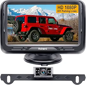 Rohent Backup Camera Monitor HD 1080P Night Vision Waterproof Car Truck License Plate Back Up Rear View Reverse Cam Kit 2 Video Channels DIY Gridlines R1