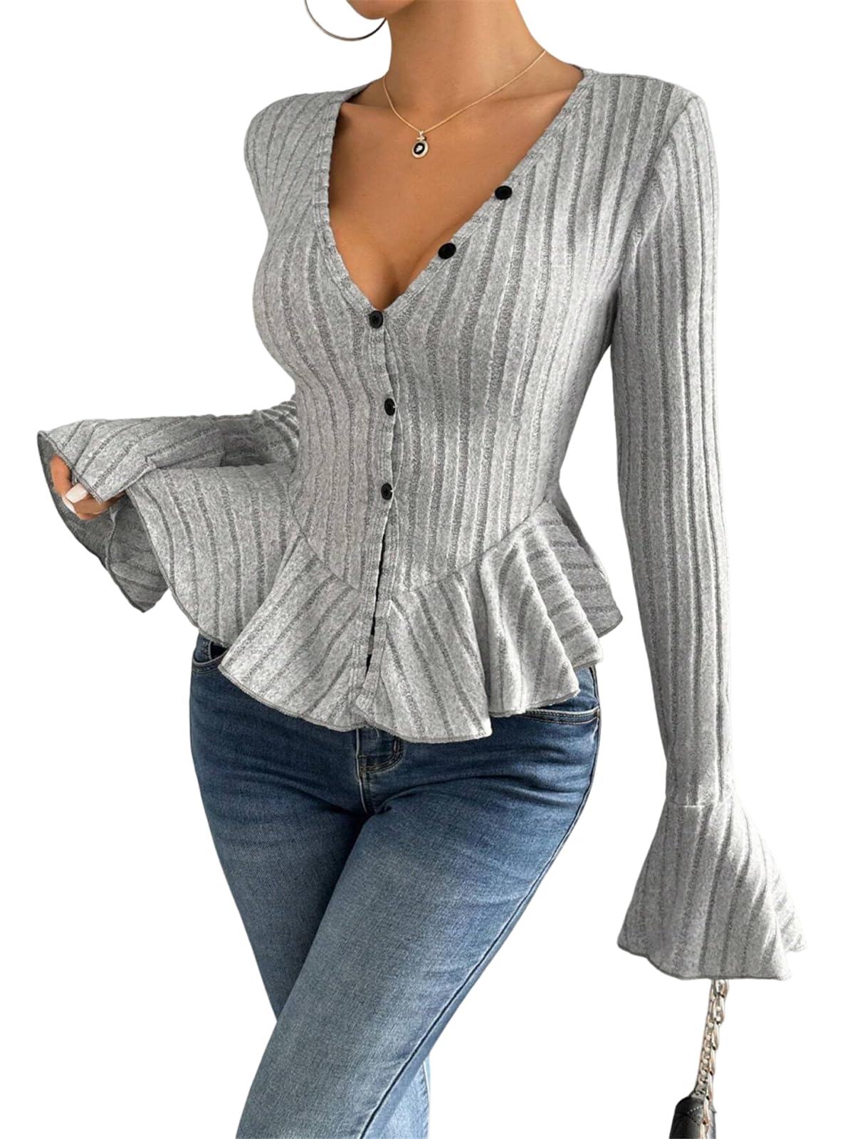 Bell Sleeve Cardigan Sweaters for Women Button Up Knit Blazer Business Casual Peplum Tops