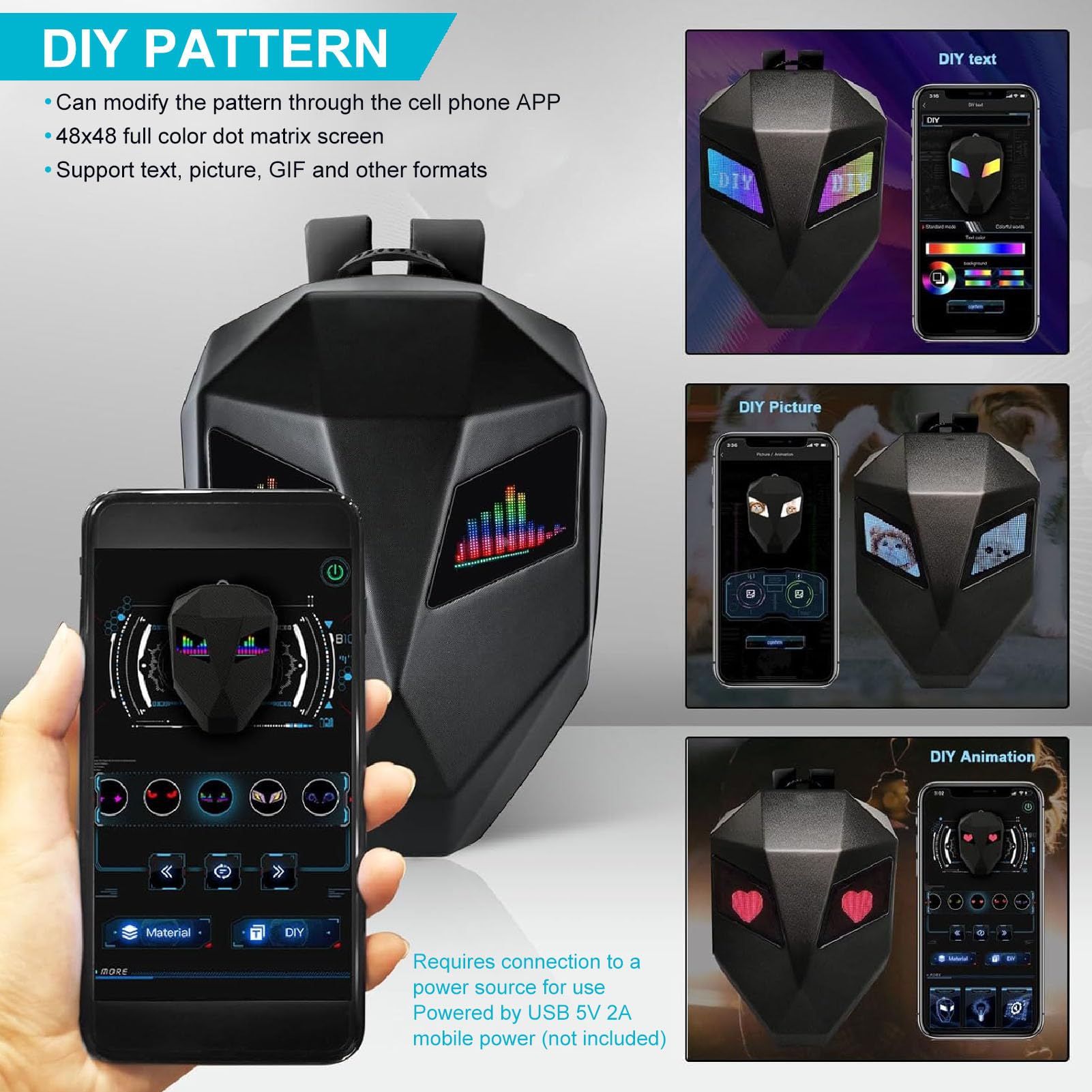 Bewinner Sac à Dos de Moto LED, Sac à Dos de Programmation DIY, Sac à Dos de Chevalier LED pour Vélo électronique, Sac à Dos de Moto, Sac de Voyage à Coque Rigide, Sac pour Ordinateur
