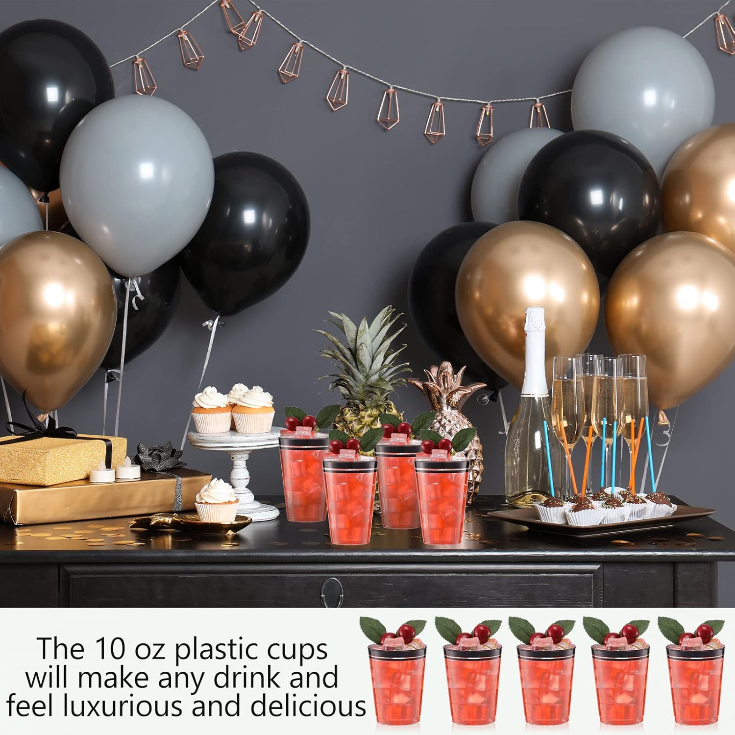 Zubebe 100 Pcs 10 oz Black Plastic Cups for Party Disposable Clear Champagne Glasses Tumblers Double Rimmed Drinking Cups Christmas Halloween Mardi Gras Birthday Wedding Graduation Wine Coffee