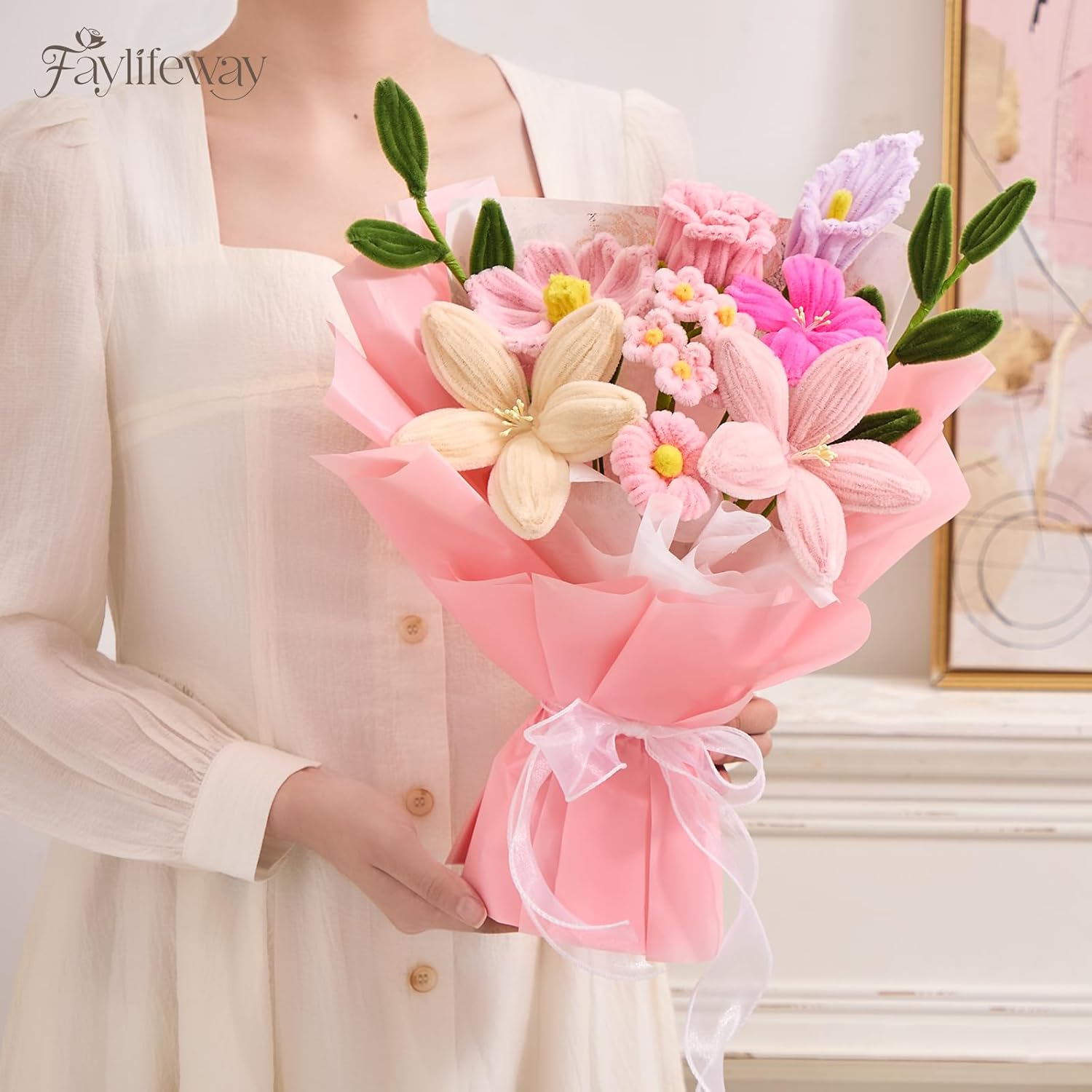 Crochet Flower Bouquet, Pink Pipe Cleaner Flowers,Handmade Knitted Flowers Gift for Women Valentine's Day,Mother's Day,Birthday, Anniversary(Include Card) - Image 5