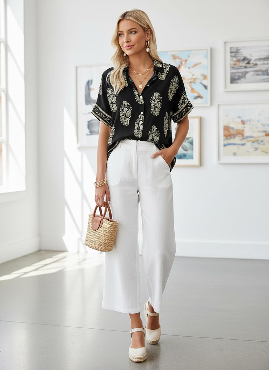 Summer Tops for Women Striped Button Down Shirts Collar Guaze Shirt Trendy Vacation Work Linen Blouse - Image 2