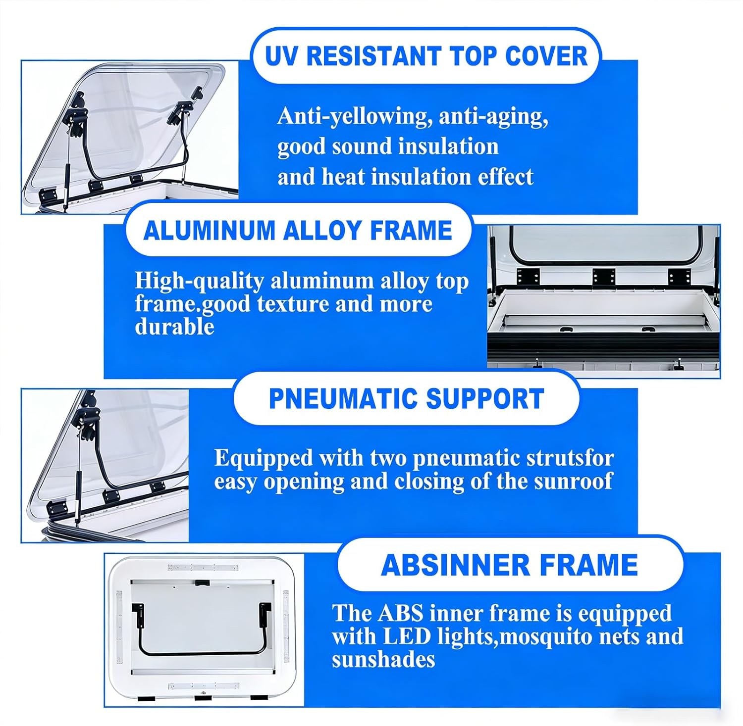 Caravan Vent Window with LED Lights, 19.7''/27.6''/31.5'' x19.7'' Cut Out RV Caravan LED Skylight Large Caravan RV Skylight Anti-UV Roof Vent Hatch W/Sunshade(700 * 500mm (27.6 * 19.7in))