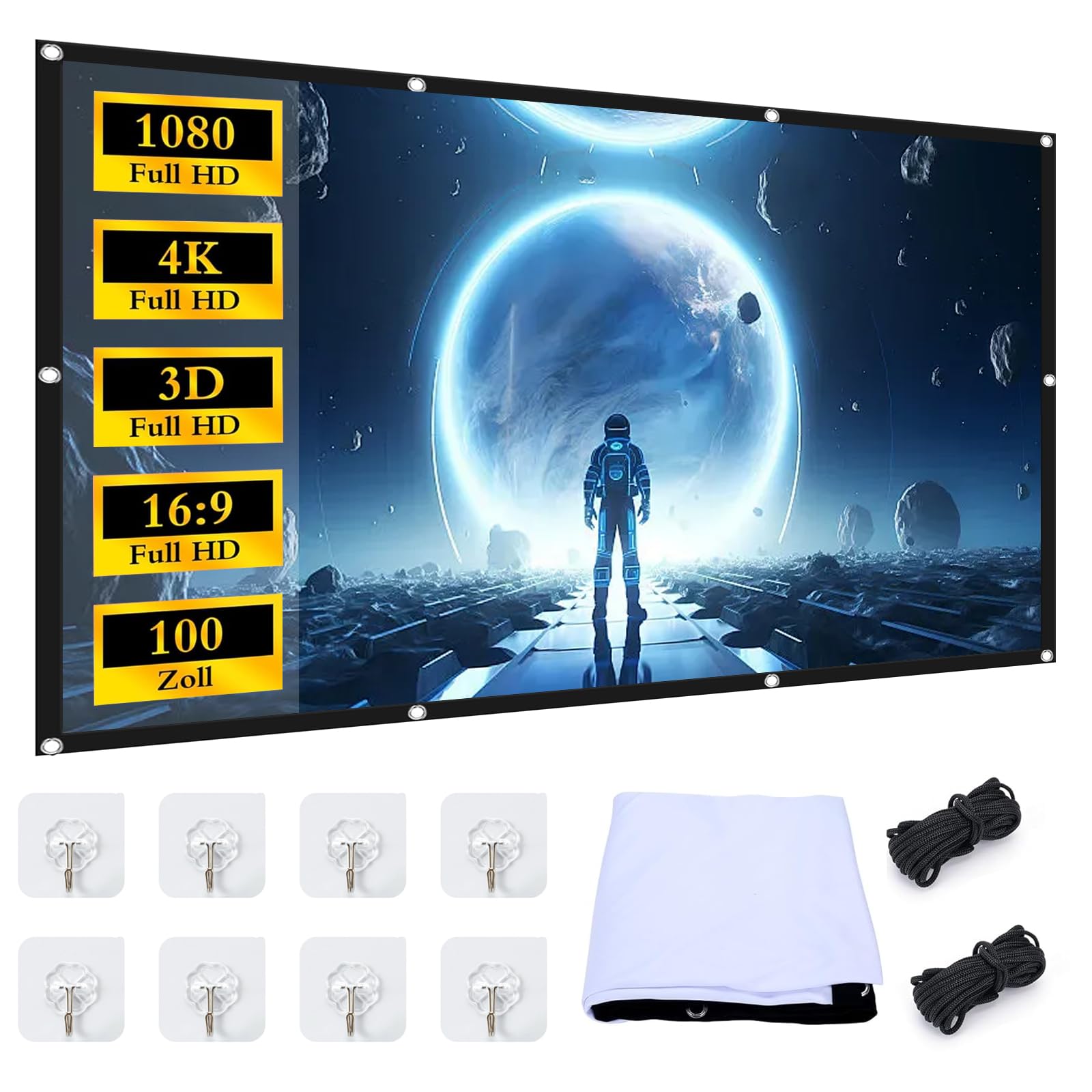 Schermo Proiettore 100 pollici, Schermo Proiettore 16:9 4K HD Pieghevole Tela di Proiezione, Portatile Tela Proiettore per Home Theater Ufficio Riunioni
